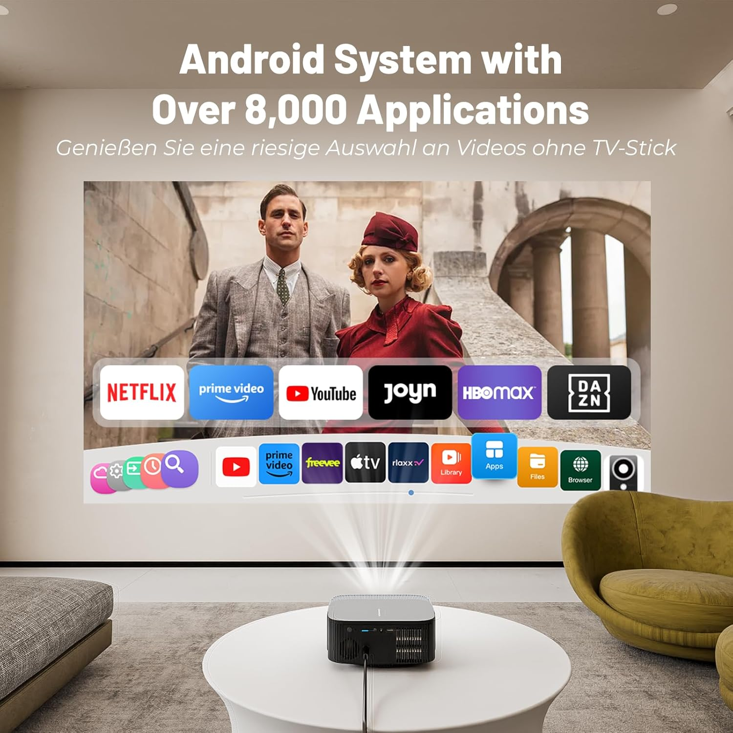 4K Projector【Official Netflix & Focus Electronics/Trapezoidal Correction】 25000 Lumens 1080P Native Full HD Mini Projector, Wifi Bluetooth Smart Projector with Youtube/Prime Video image number 6