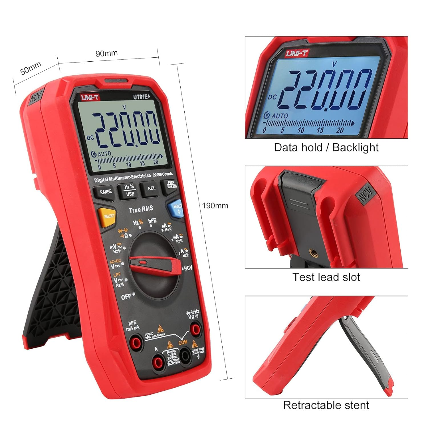 UNI-T UT61E+ 1000V 20A Digital Multimeter 22000 Counts Display NCV Hfe Auto Range True RMS AC/DC Voltage Current Resistance Capacitance Tester