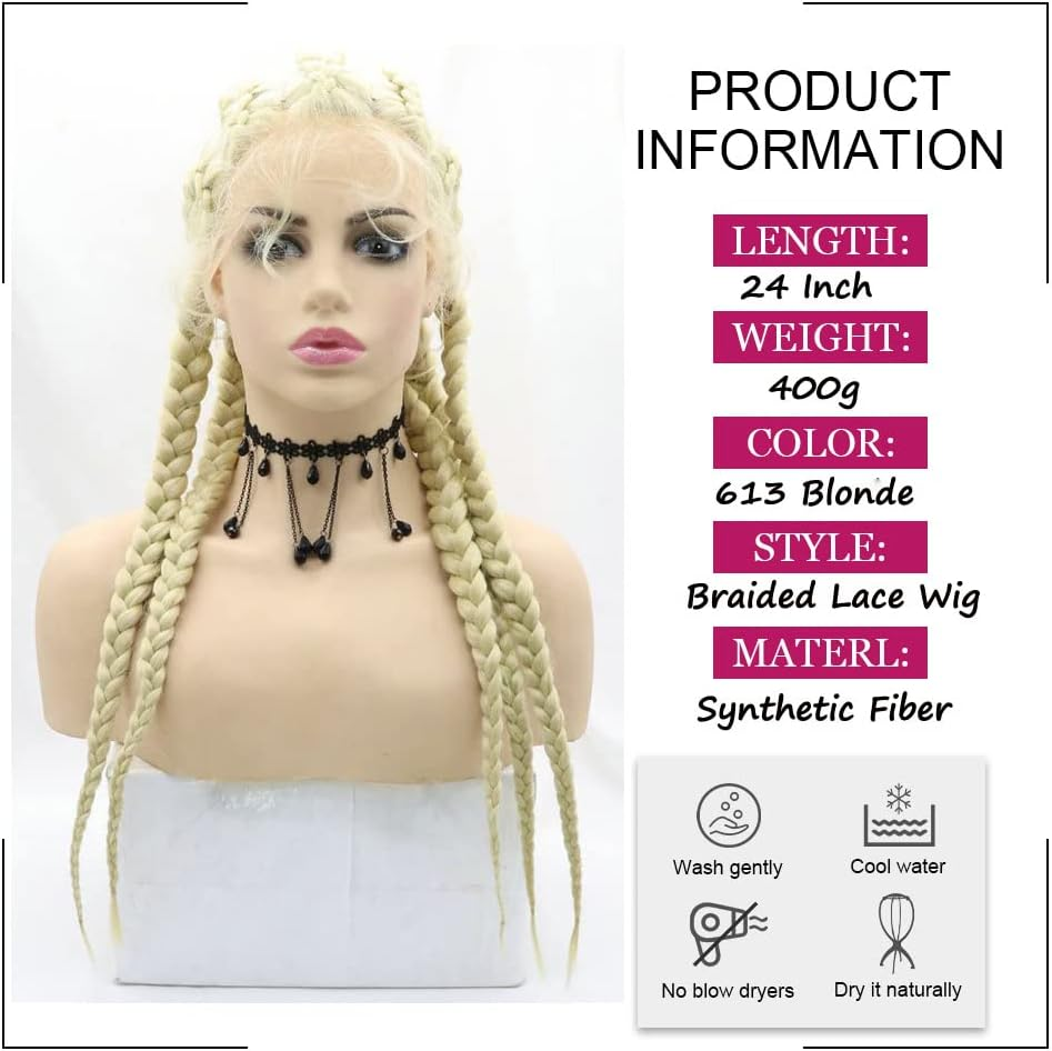 Afbeauty 613 Blonde 5 Braided for Women Handmade Blonde 5 Braids Wig Synthetic Blonde Lace Wig with Baby Hair Heat Resistant Fibre 5 Braided Daily Makeup Wigs 24 Inches