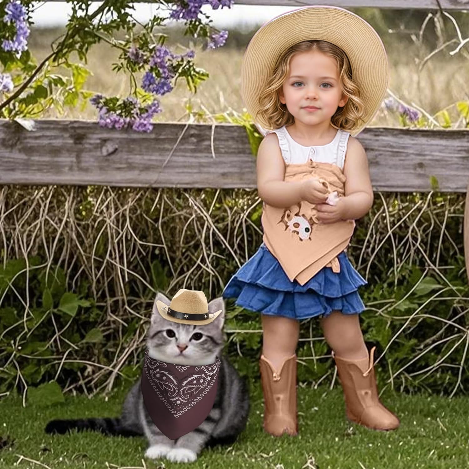 Laventy Cowboy Hat for Cats Brown Bandana Mini Pet Cowboy Costume for Halloween Party Decoration image number 6