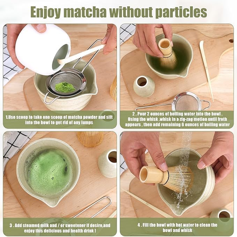 Roczential 5 Pack Matcha Whisk Set Matcha Whisk Holder Bamboo Matcha Whisk and Bowl with Spout Matcha Sifter Spoon Matcha Tea Set Kit for Matcha Tea (Matcha Color) image number 3