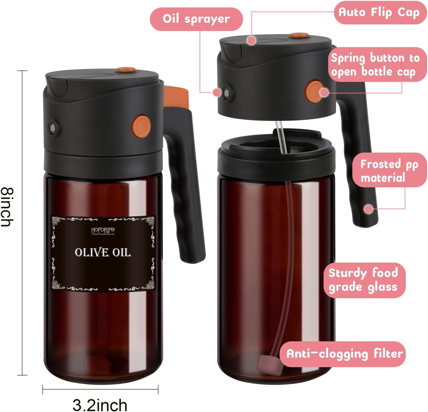 Glass Kitchen Maiden 2 in 1 Olive Oil Dispenser & Oil Sprayer for Kitchen Cooking, Olive Oil Dispenser Bottle, Auto Flip Cap, 16Oz Brown (Light Blockage) image number 3