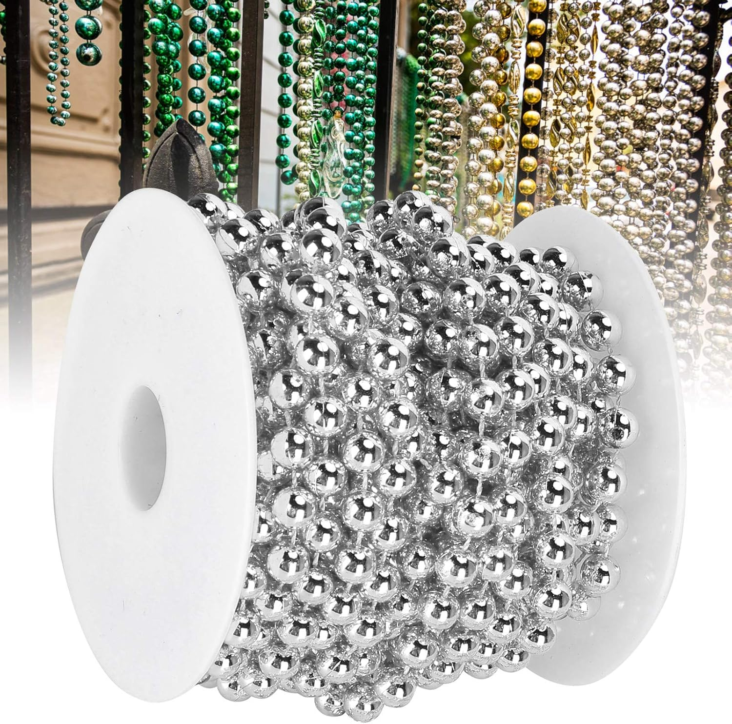 8Mm Silver Bead Hanging String, Silver Plastic Beads on String, Silvery Hanging Beads Garland for Christmas Decoration Wedding Party (10 Meter/Rollsilver) image number 6