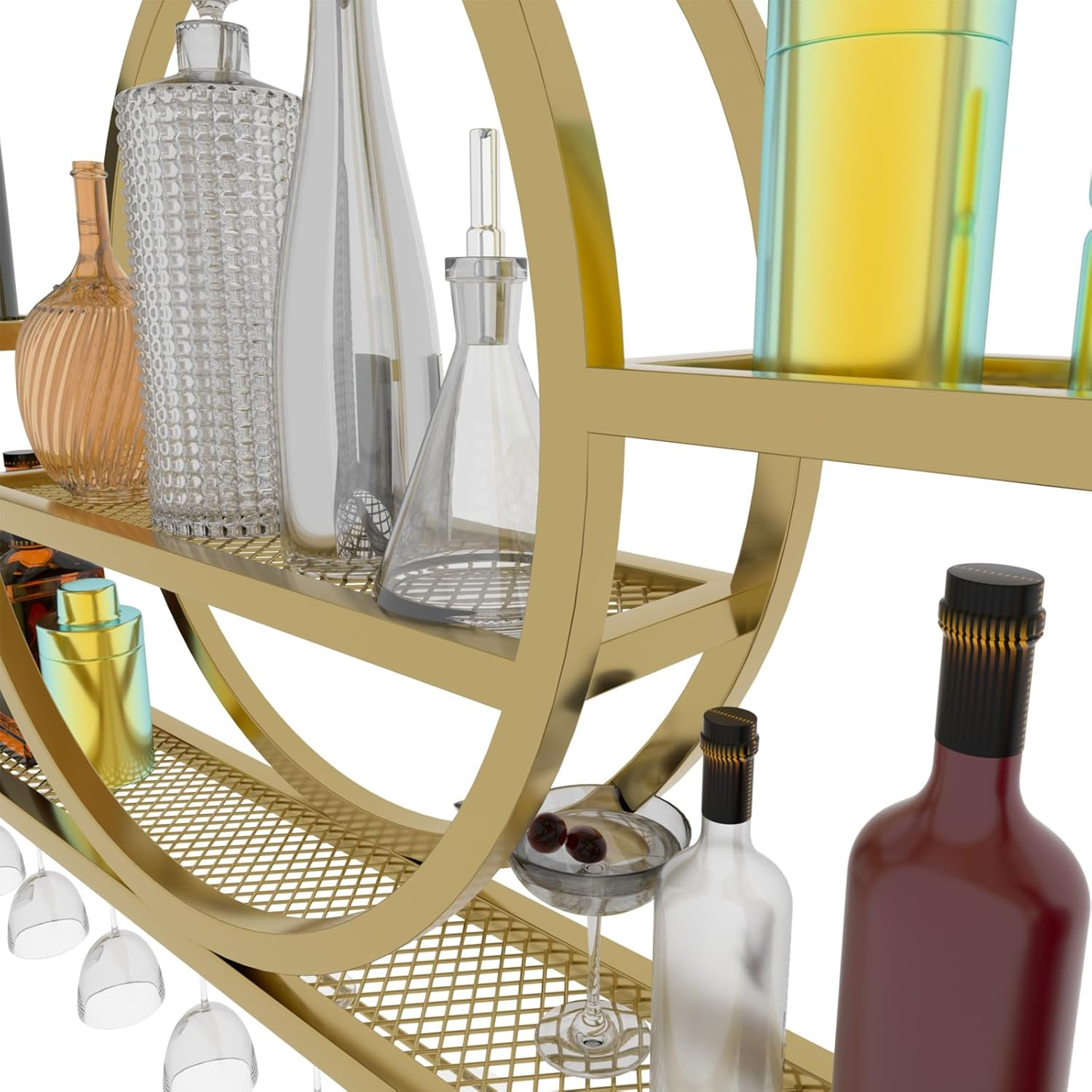 Wall Mounted Wine Rack with Led,3-Tier Metal Wine Bottle Shelf with Goblet Holder, Modern Bar Shelves Bar Liquor Bottle Display Shelf Multifunctional Bottle Rack for Home Bar No Battery (GLD, 100)