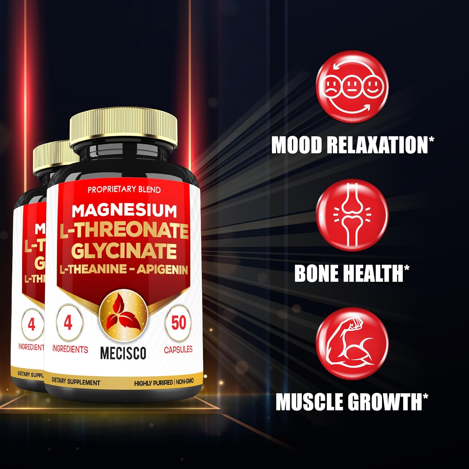 2 Packs 50 Capsules - 2000Mg Magnesium L Threonate Supplement Capsules with Magnesium Glycinate, L-Theanine, Apigenin - Support Immune System & Overall Health