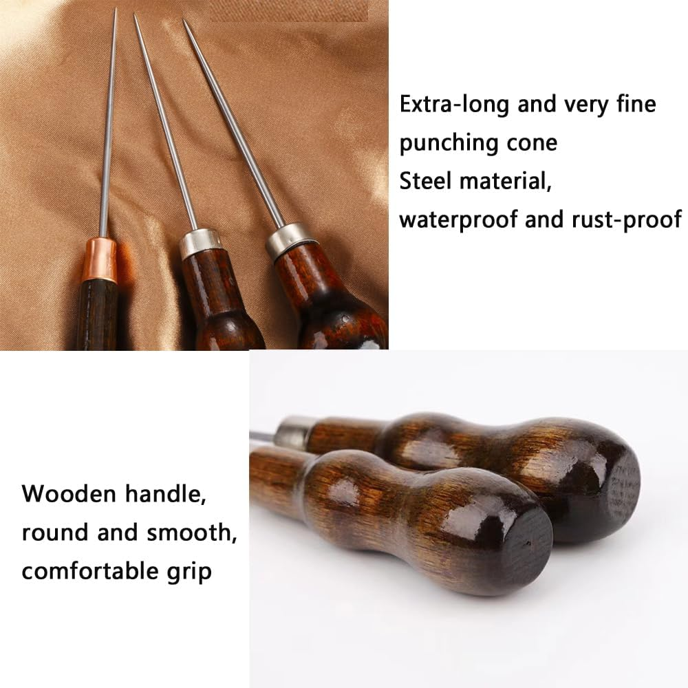 3 Pack Scratch Awl Tool with Wooden Handle Gourd Shape Pin Punching for Leather Punch Hole Craft Repair Shoes Sewing Crochet DIY Handmade Stitch image number 5