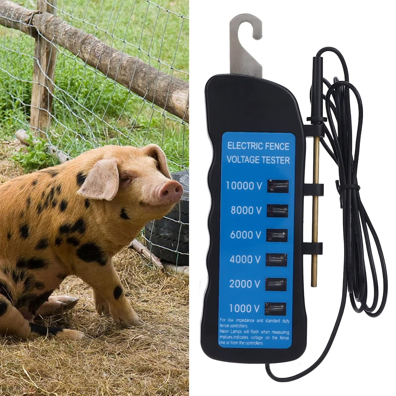 OVAQUIXI 10000V Electric Fence Tester, Waterproof Voltage Meter with 6 LED Indicators for Farm & Livestock Fencing