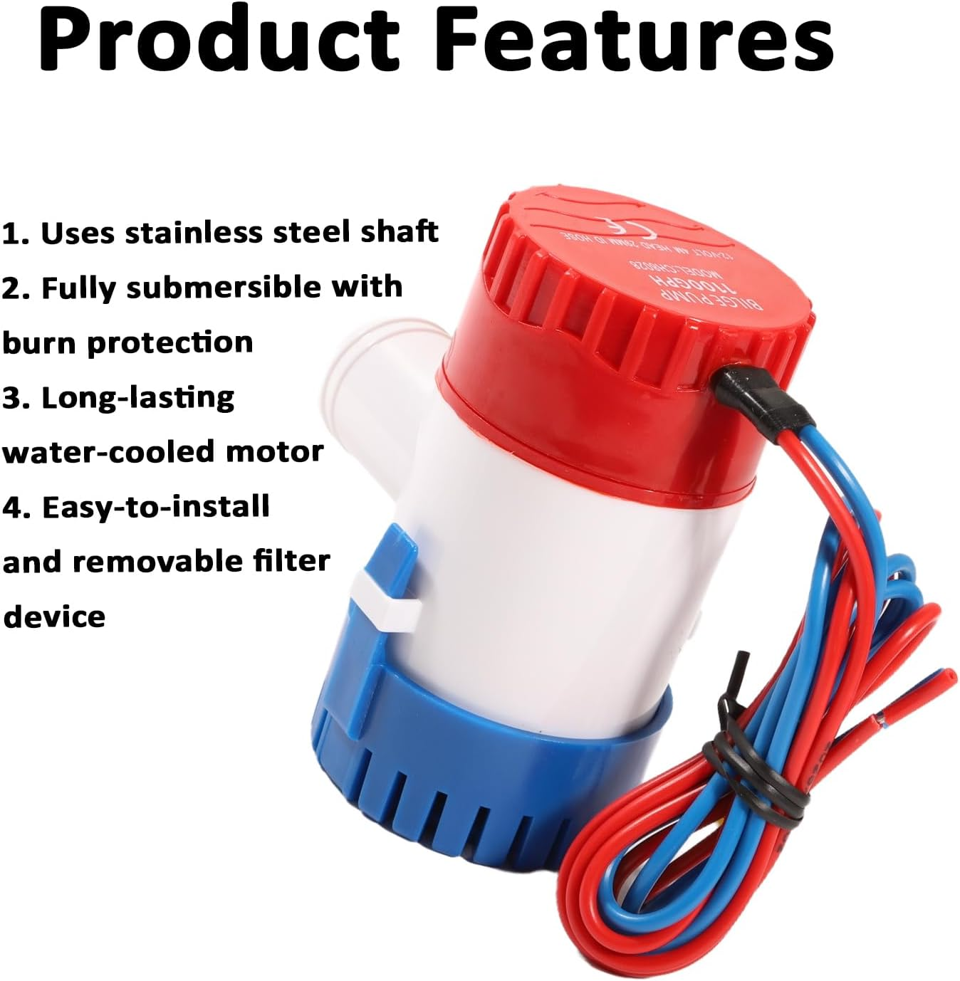 12V Submersible Bilge Pump 1100GPH, Automatic Marine Electric Water Pump with Stainless Steel Shaft for Boat RV Yacht Fishing Camping Pool Fountain ﻿ image number 5