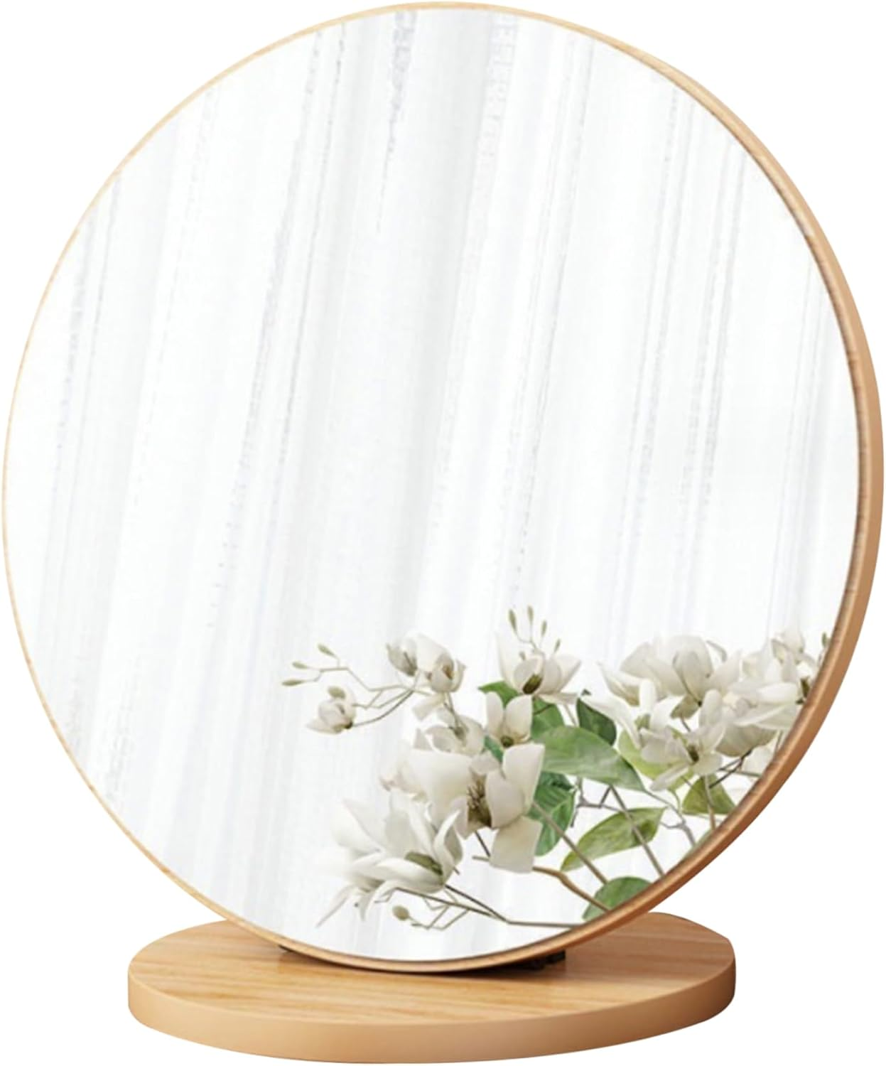 Round Makeup Mirror with Wooden Base 11.8" Makeup Mirror 90&deg; Rotating Tabletop Mirror for Home Dorm & Bedroom Dressing Table image number 1