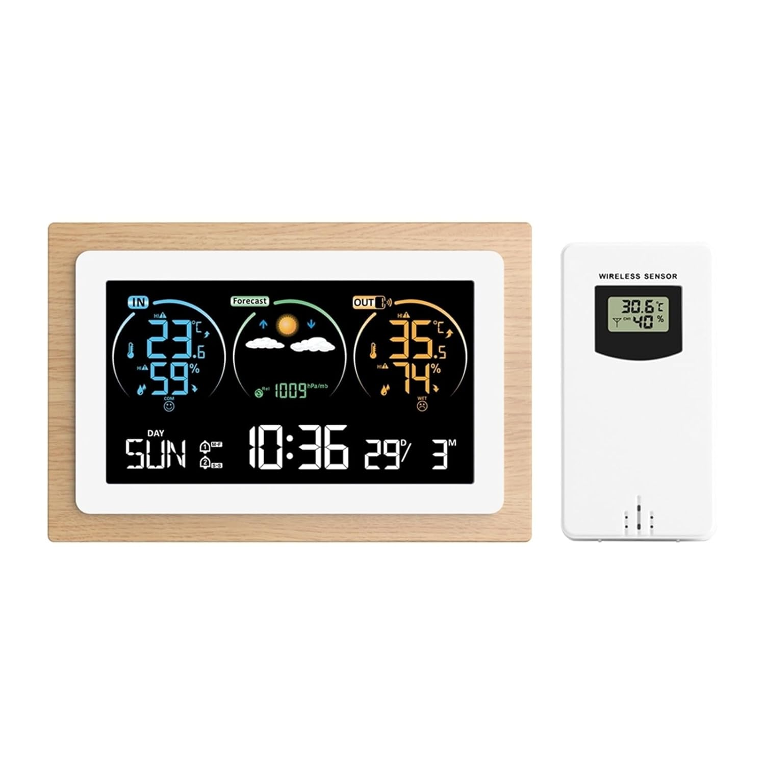 Digital VA Color Wood Weather Station Home Temperature Humidity Air Pressure Monitor Wall Alarm Clocks Wireless Forecast Sensor image number 3