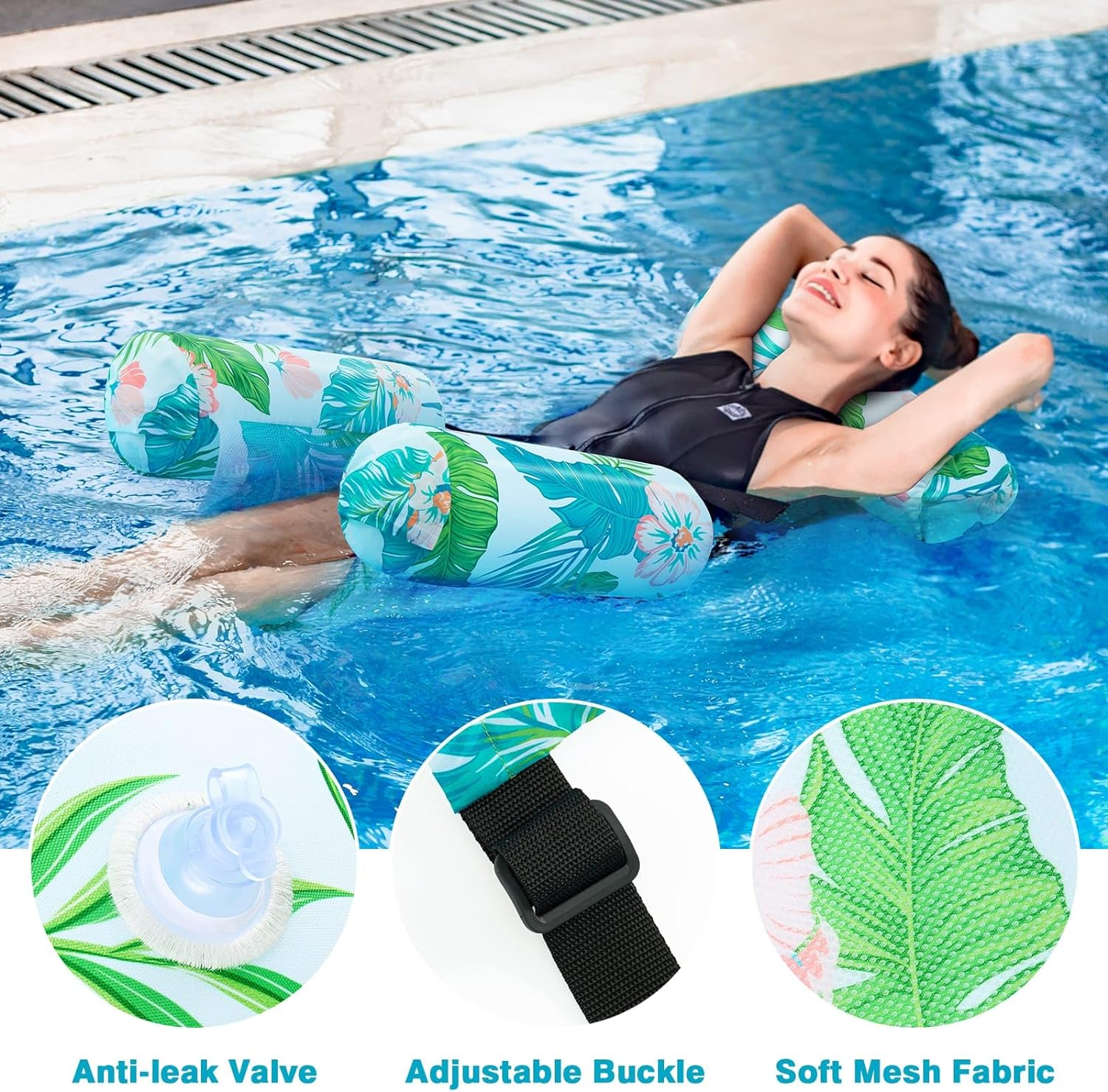 Pool Chair Float - 2 Pack Inflatable Pool Float for Adults Green Plants Floating Pool Chair Lounge Adjustable Fabric Pool Float Hammock for Swimming Pool Beach Lake Summer