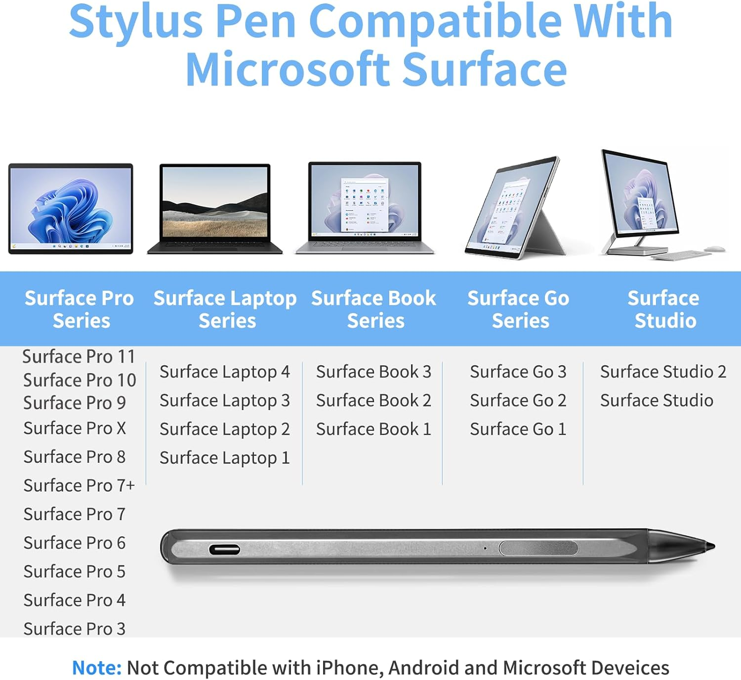 QUAGGY Stylus Pen for Microsoft Surface Pro 11/10/9/8/7/6/5/4/3/X Surface Laptop/Book/Surface Go3 Go2, 4096 Tilt Pressure, Magnetic Attachment, USB-C Fast Charging, Palm Rejection Function. (Black) - Blue image number 3