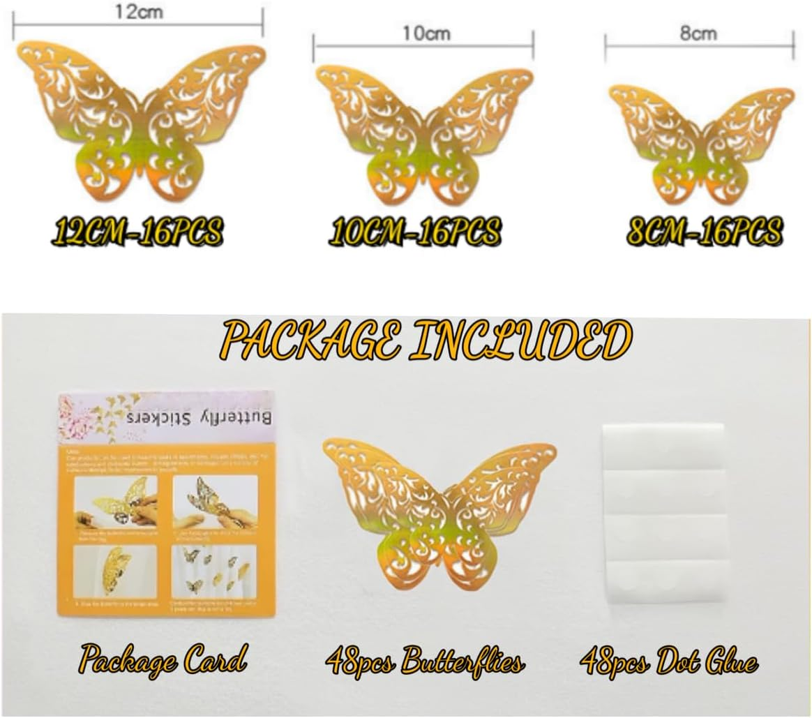 YALLOVE 3D Gold Butterfly Wall Decor, 48 PCS 3 Sizes, Removable Wall Stickers for Cake Decor, Room Decor, Wedding, Birthday image number 1