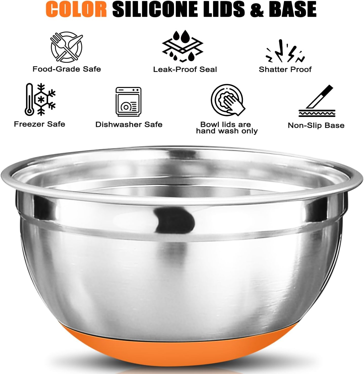 WEKUBA 5-Piece Stainless Steel Mixing Bowls Set with Lids, Non-Slip Silicone Base & 3 Grater Attachments &ndash; Stackable, Dishwasher Safe for Baking & Meal Prep image number 5