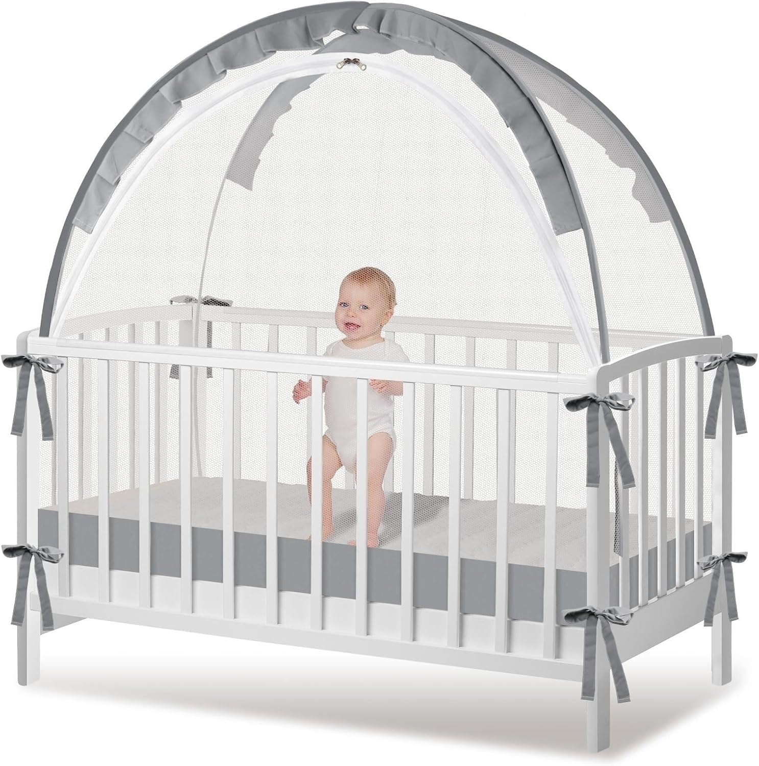 Safety Pop up Crib Tent, Fine Mesh Netting Cover to Keep Baby from Climbing Out, Falls and Mosquito Bites, Safety Net, Canopy Netting Cover - Sturdy & Stylish Infant Crib Topper, Baby Bed Tent(Grey La image number 1