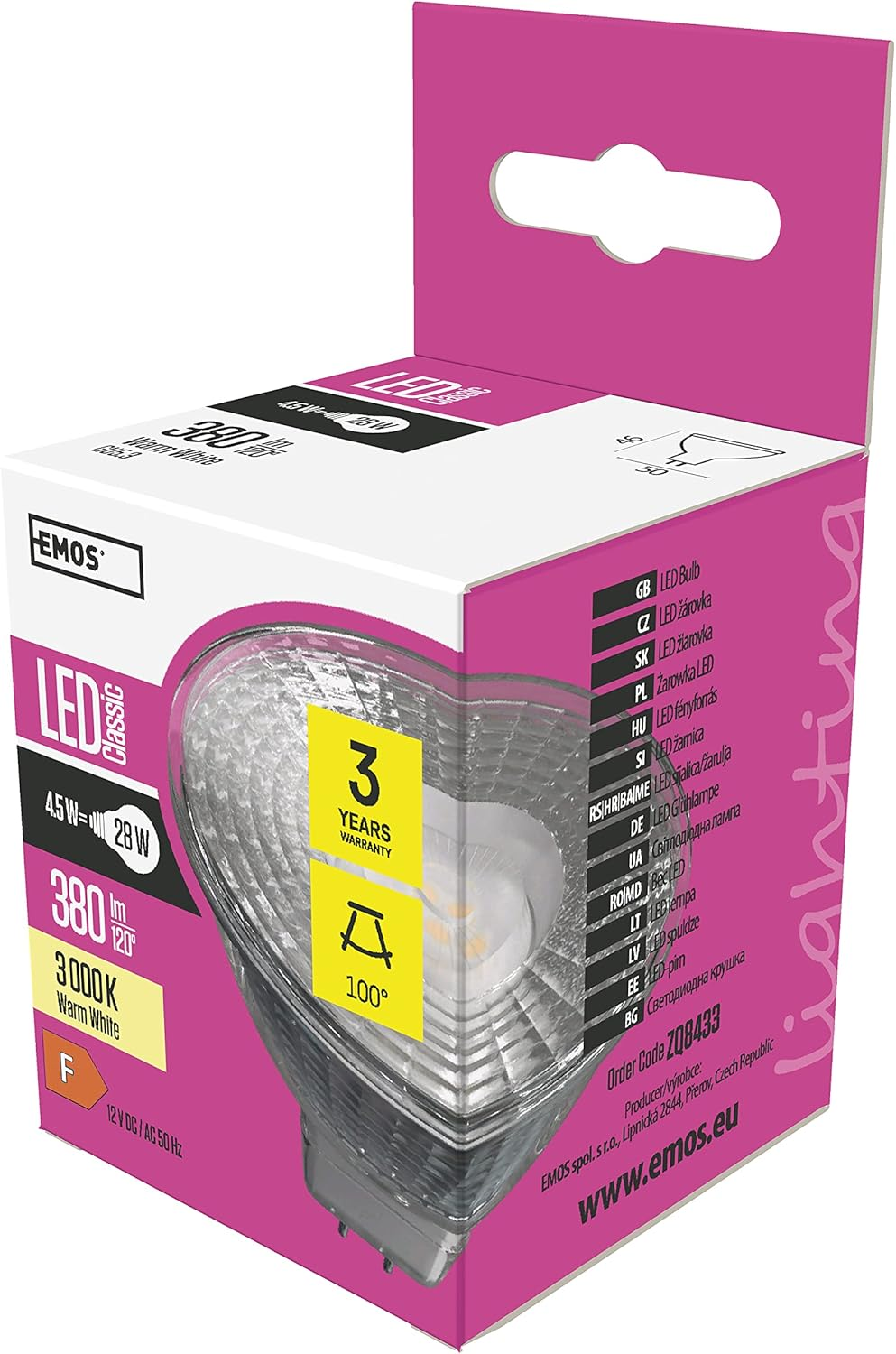 EMOS LED Spotlight 4.5 W, MR16, GU5.3 Socket, Replacement for 28 W Halogen Bulb, Brightness 380 Lm, Warm White 3000 K, 30,000 Hours Life, CRI 80, 100&deg; Beam Angle