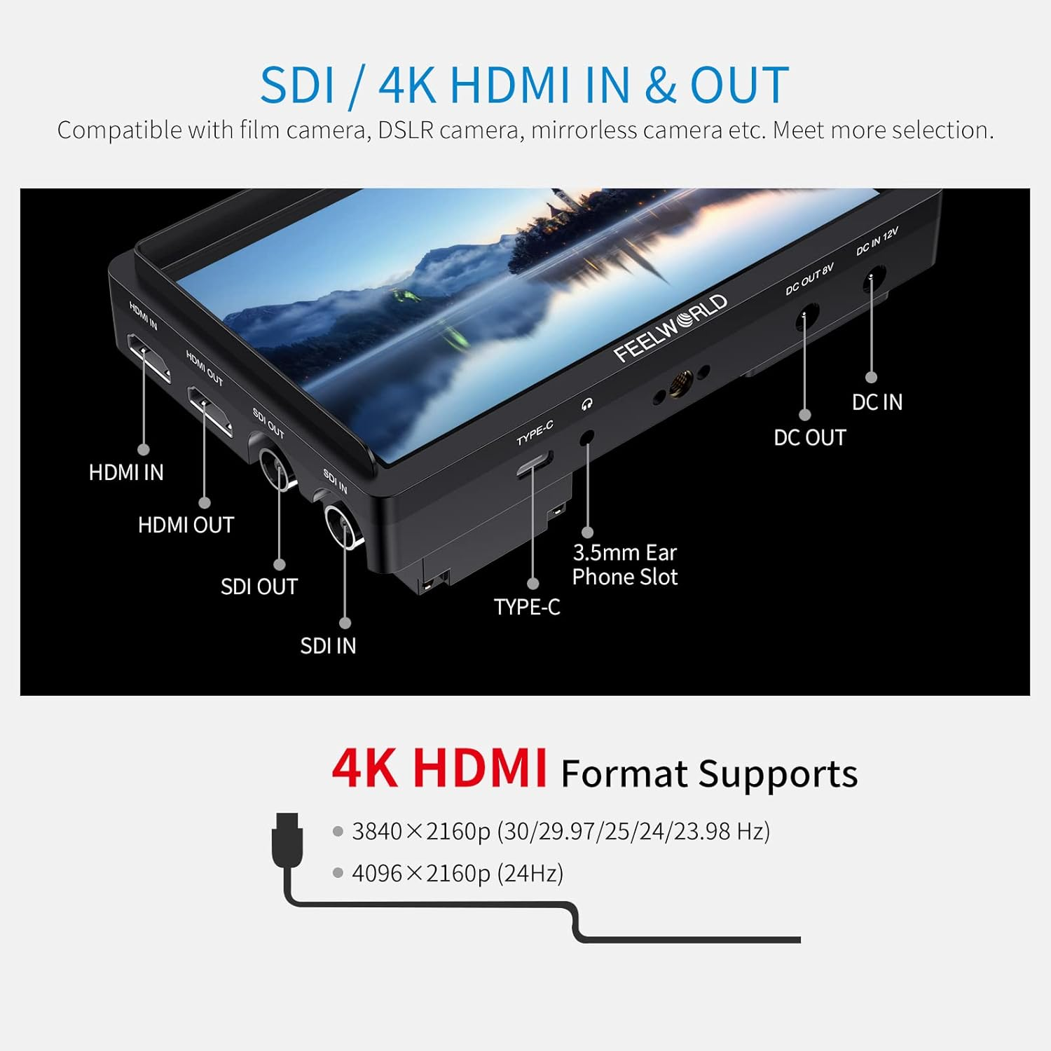 FEELWORLD FW568S 6 Inch DSLR Camera Field Monitor with Waveform 3D LUT SDI 4K HDMI Input Output Video Peaking Focus Assist Small 8.4V DC Include Tilt Arm image number 1