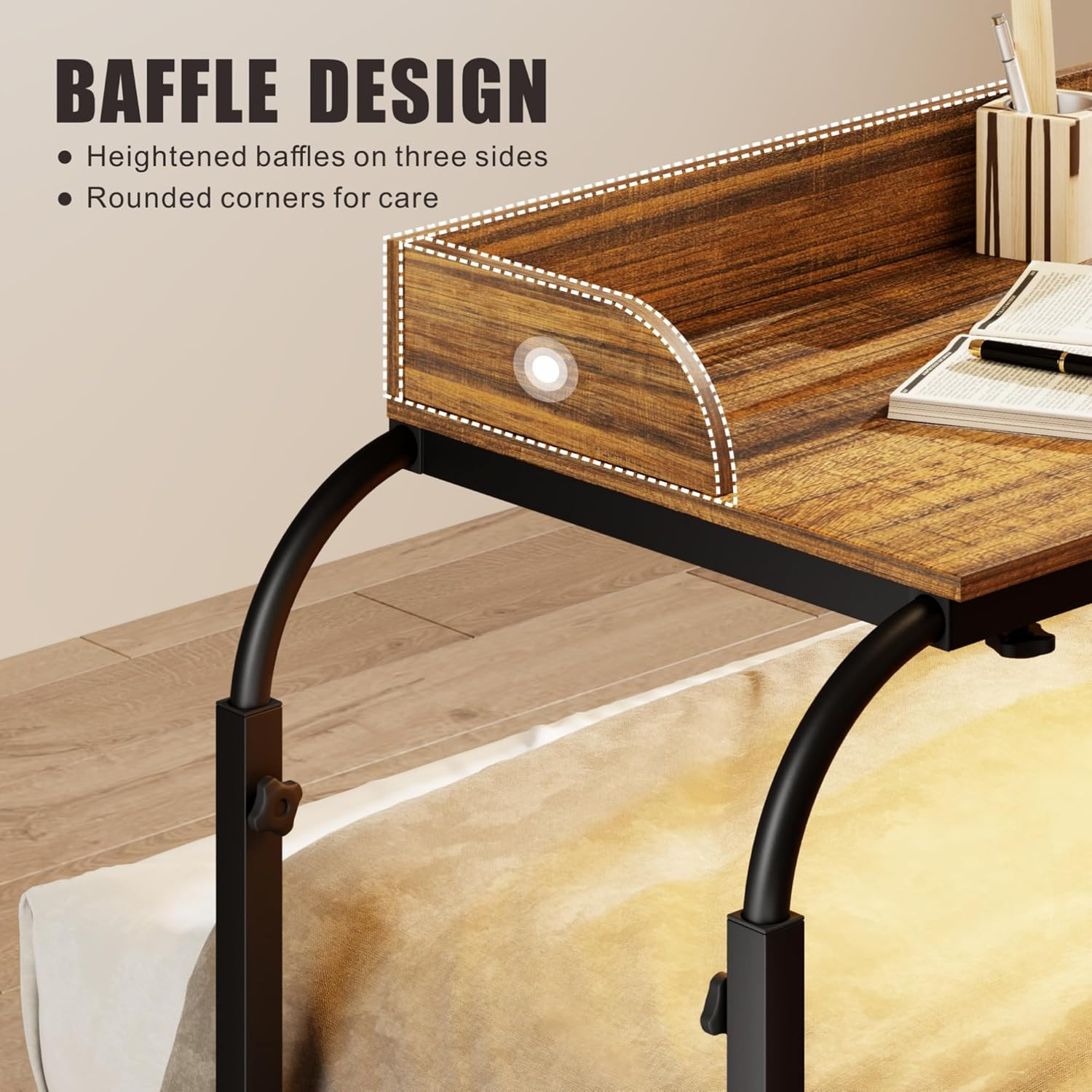 Dystler Overbed Desk with Charging Station-Over Bed Table-Adjustable Length/Height with Wheels - Human Sensor LED Light Mobile Queen Size Bed Table Rolling Tray Table for Eating & Laptops, Brown image number 1