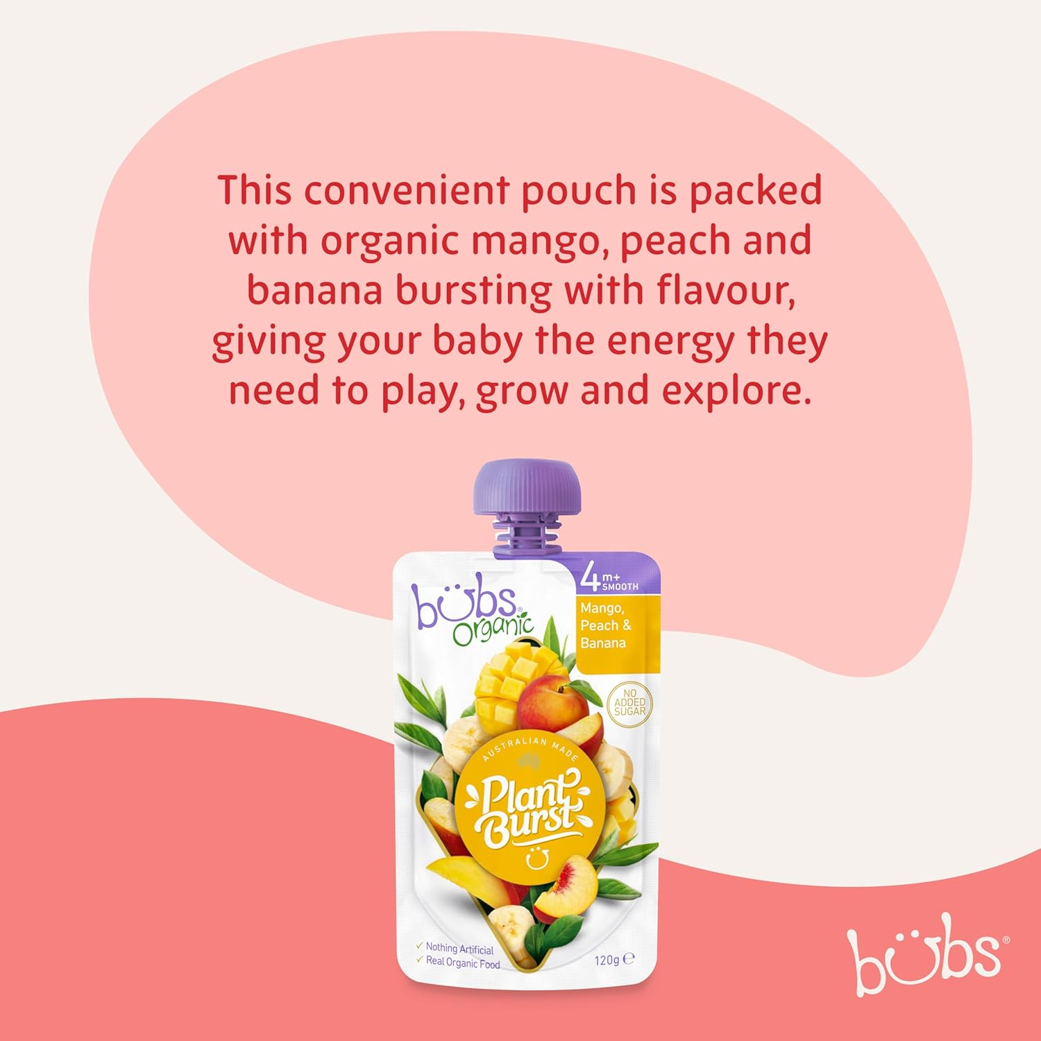 Bubs Organic Mango, Peach & Banana Pouch, 4+ Months Baby Food, Fruit Puree Snack, No Added Sugar, 120G
