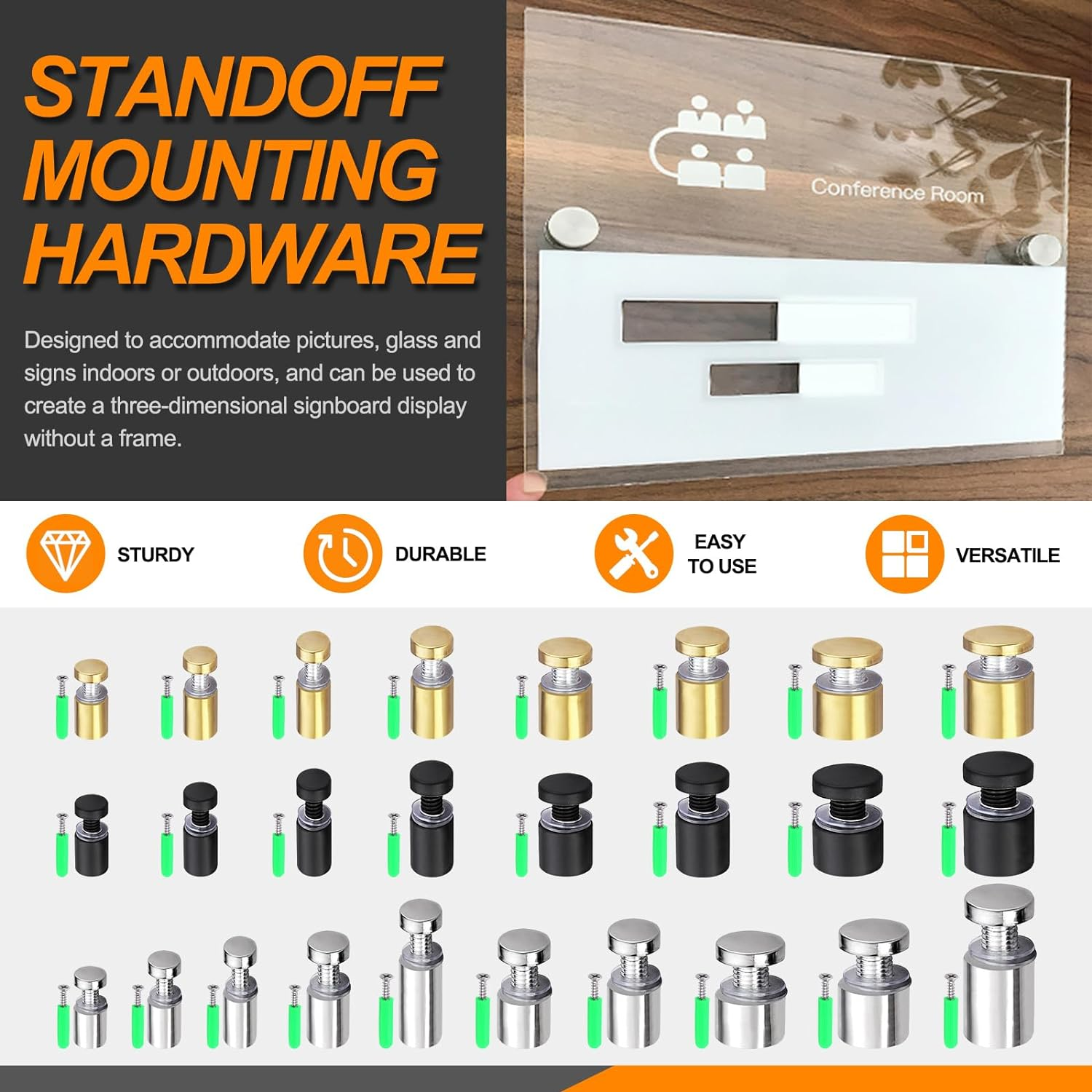 12 Sets 1/2" X 1" Black Stainless Steel Standoff Screws Advertising Mounting Hardware Wall Mount Glass Standoff Holder for Hanging Acrylic Signs Glass Panel Advertising (12Mm Dia. X 25Mm L.) image number 4