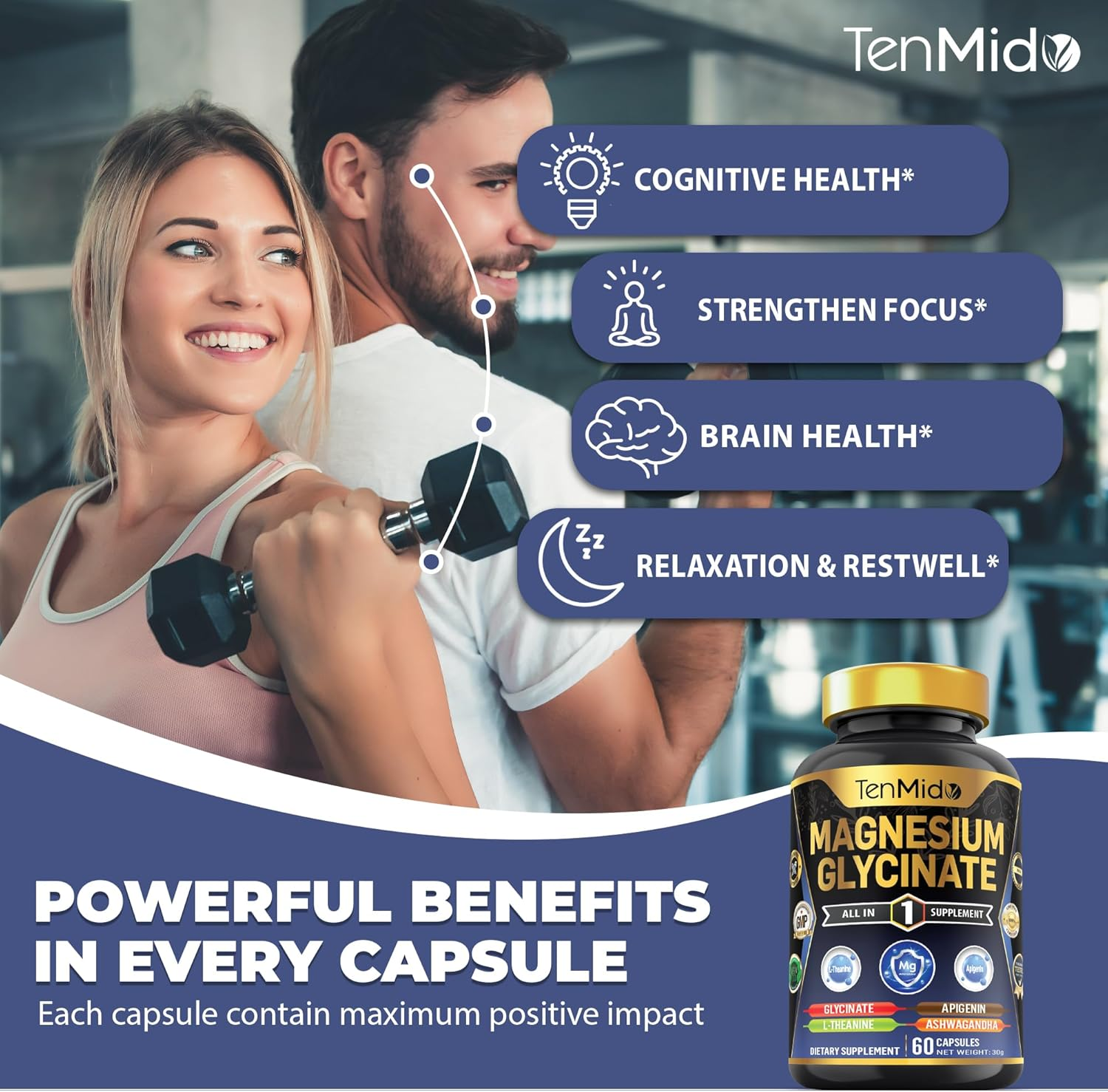 Tenmido Magnesium Glycinate Supplements - 4In1 with L-Theanine, Ashwagandha, and Apigenin - 60 Vegan & Non-Gmo Capsules image number 5