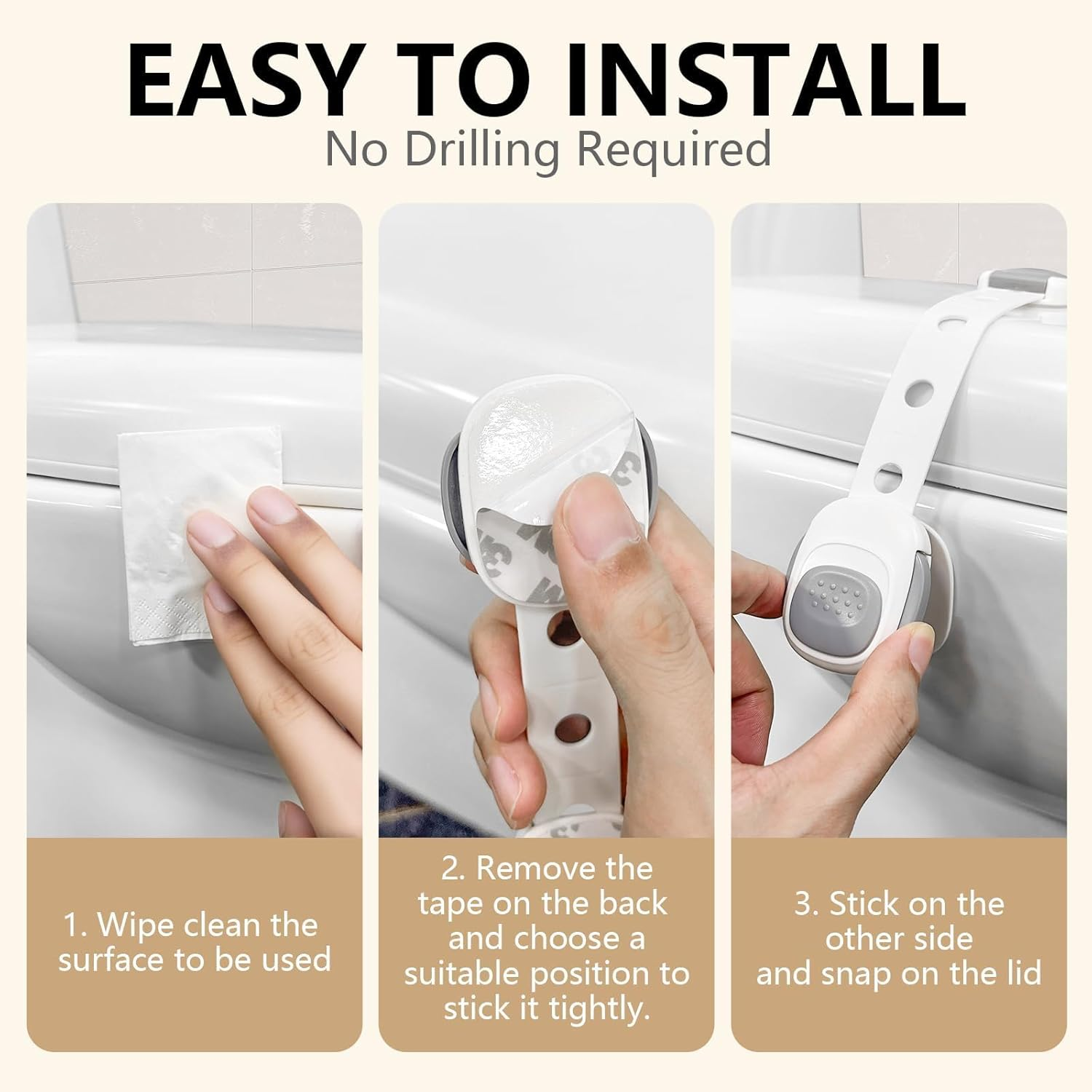 Baby Proof Toilet Lock (2-Pack) - Child Safety Cabinet Locks for Toilet Seat, Drawers, Fridge, Doors | Easy Install with Strong 3M Adhesive | Non-Toxic & Adjustable Strap for Toddler & Pet Safety image number 1