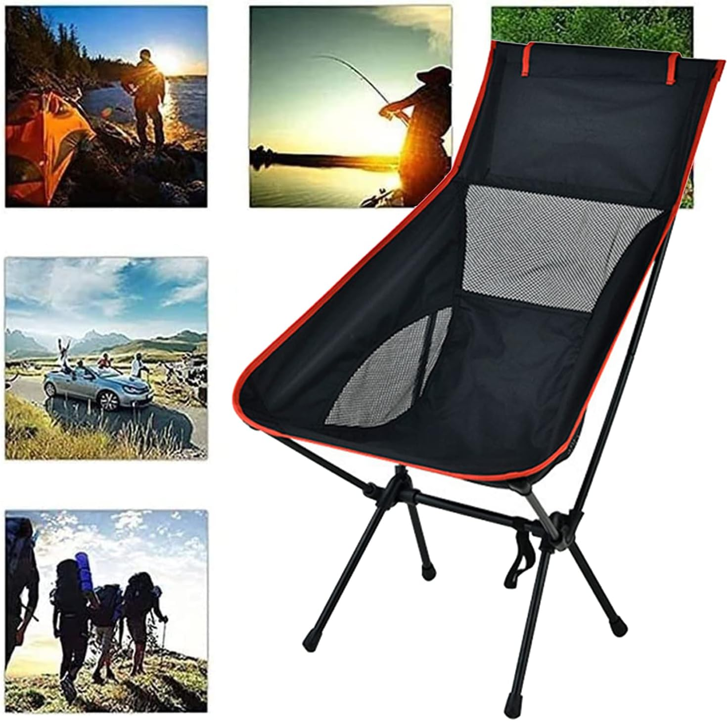 2 Camping Folding Chair, Outdoor Beach Folding Chair, Portable Moon Chair, Space Chair, Camping Fishing Chair, Hiking Chair with Carrying Bag (Black, Large) image number 5