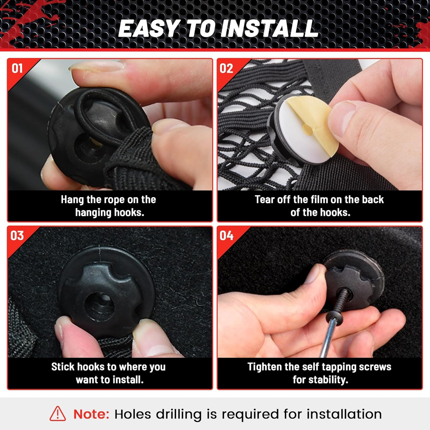 RED Wolf 2 Layer Small Mesh Cargo Net Elastic Storage Netting 2 Pcs Stretchable Car Organizer Net 14&times;10 Inch for Trunk RV Boats Home Auto Cargo Net Pocket with Screws and Hooks image number 4