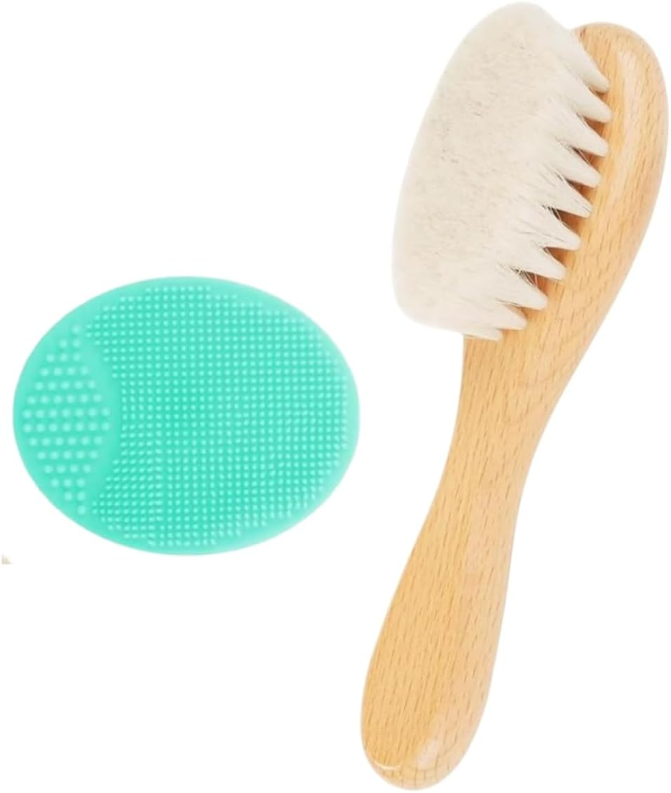 Goat Bristles Brush and ，Hair Brush with Extremely Soft Bristles Silicone Brush Set for Cradle Cap Wood Cradle Cap Brush for Boys & Girls 2 Pcs image number 1