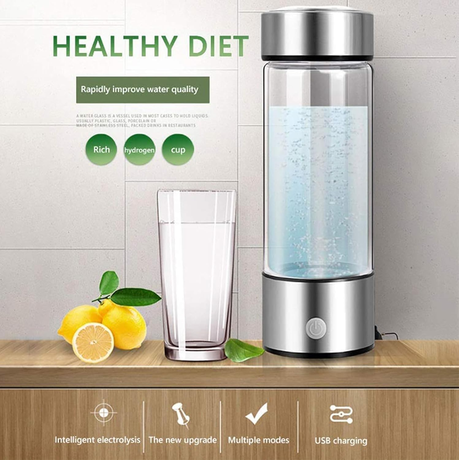 450Ml Hydrogen Water Bottle Rich Alkaline Ionizer Generator Cup USB Portable Mug (Black)