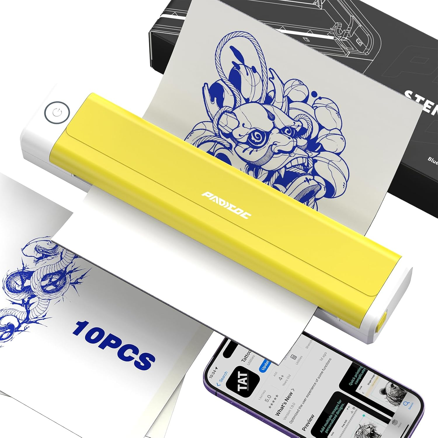 Padieoe Tattoo Stencil Printer with 10Pcs Transfer Paper - Bluetooth, Wireless, 2000Mah - Portable Thermal Printer Machine for Tattooist- 11.5X2.6X1.8In - Yellow