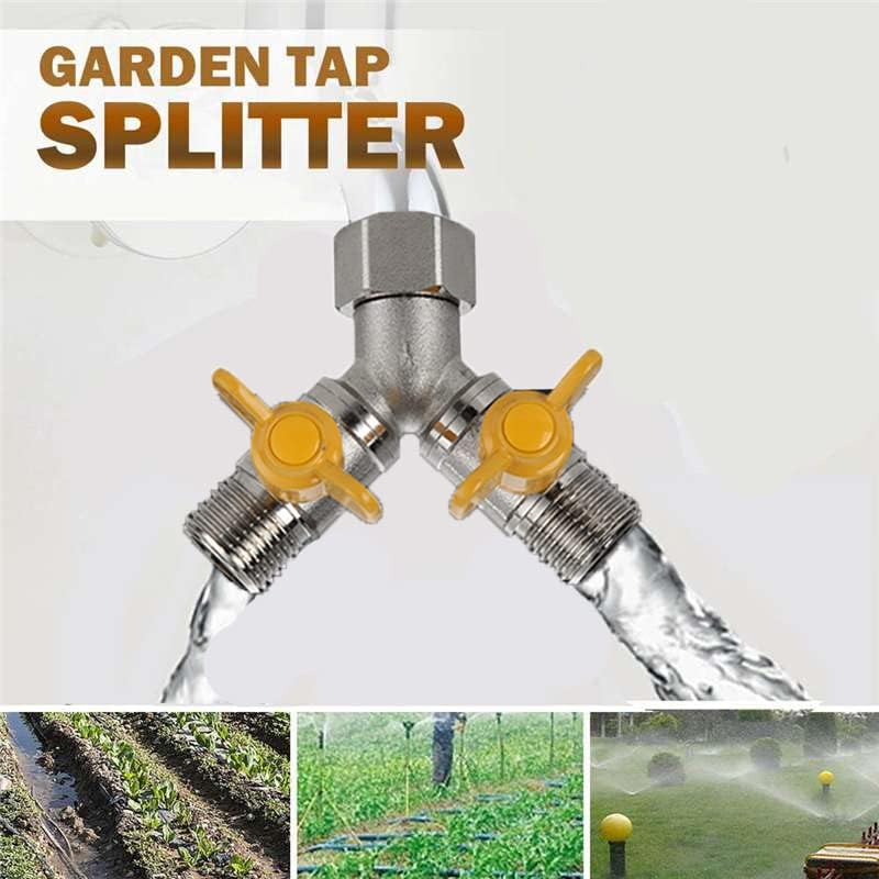 2 Way Brass Tap, Garden Hose Splitter, T Valve, 1/2" Two Way Brass Tap Garden Hose with 2PCS 1/2 Inch Brass Water Tap Connection for Irrigation System, Hose & Garden Equipment