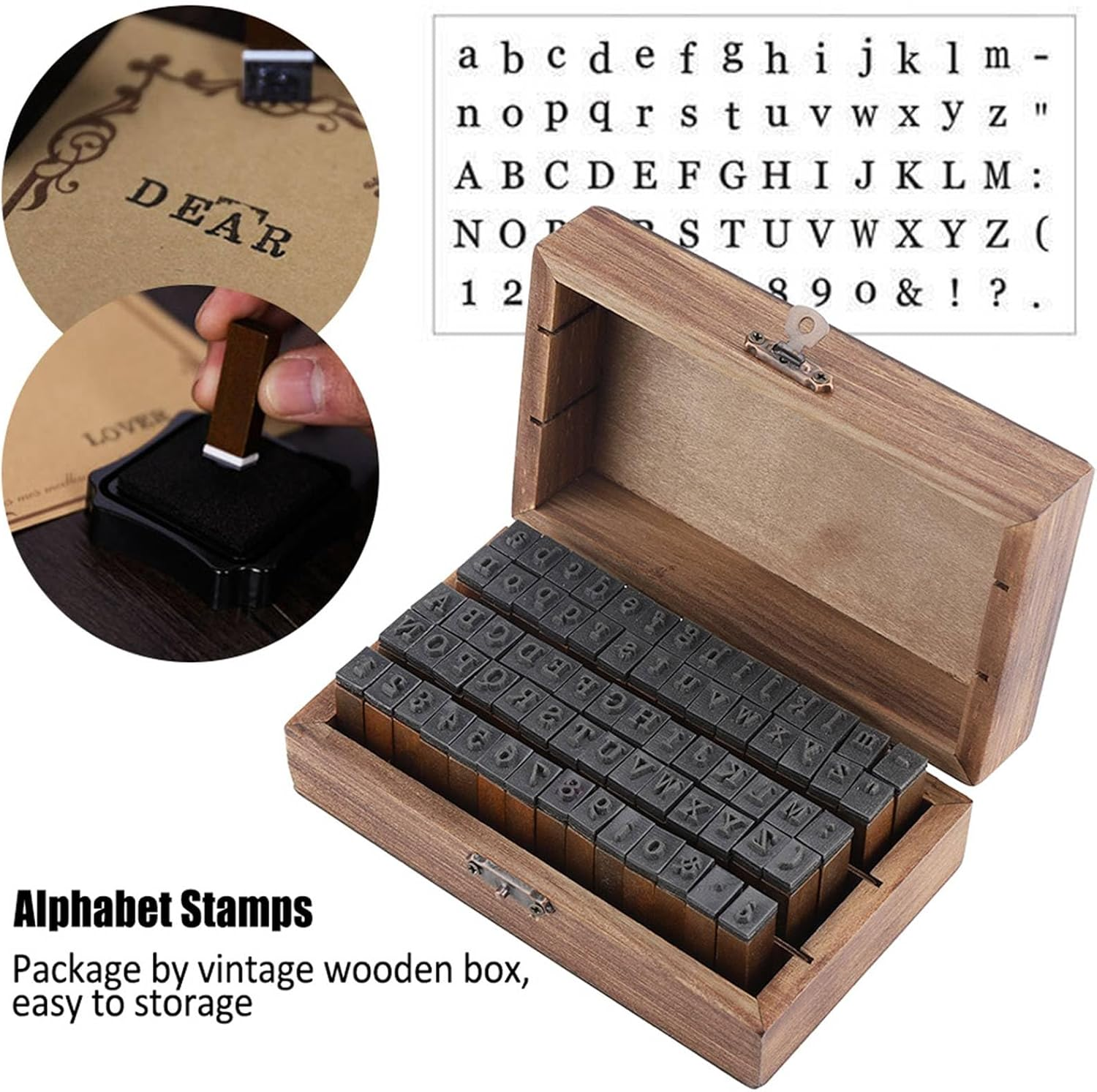 Wood Letter Stamps, Wooden Box Vintage 70PCS Portable Decorative Alphabet Stamp, Retro for Scrapbook Card Making image number 5