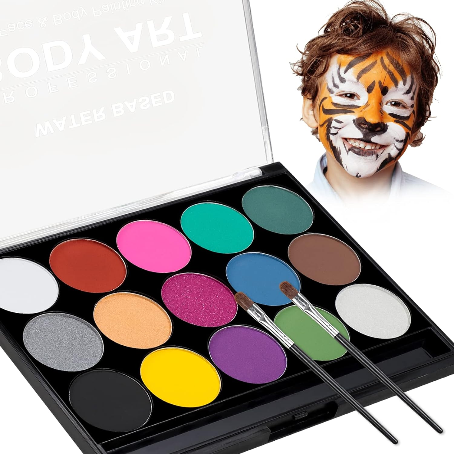Moomoo Baby Face Body Paints Kits Kids Hypoallergenic Make up Palette-Safe & Non-Toxic, Ideal for Halloween Party Cosplay Face Painting - Easy to Wear and Remove-15 Colors with Two Fine Brush