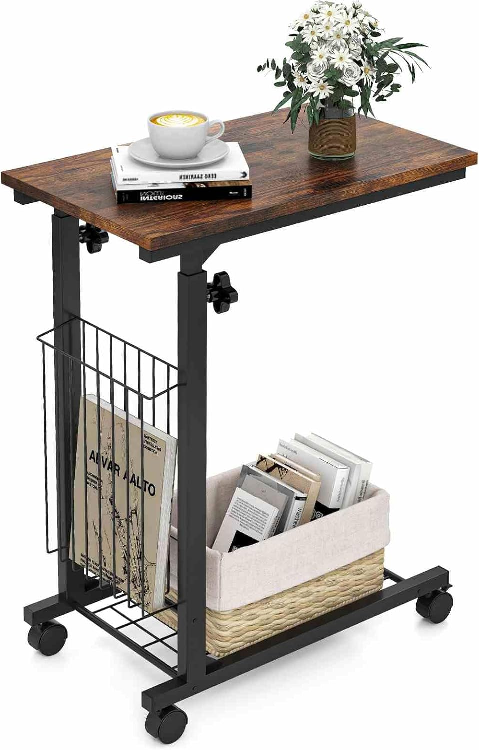 Costway Height Adjustable C Shape Side Table, Mobile End Table with Detachable Wheels, Side Basket and Bottom Mesh Storage, Space-Saving Slide under Sofa Table for Living Room Bedroom (Rustic Brown) image number 3