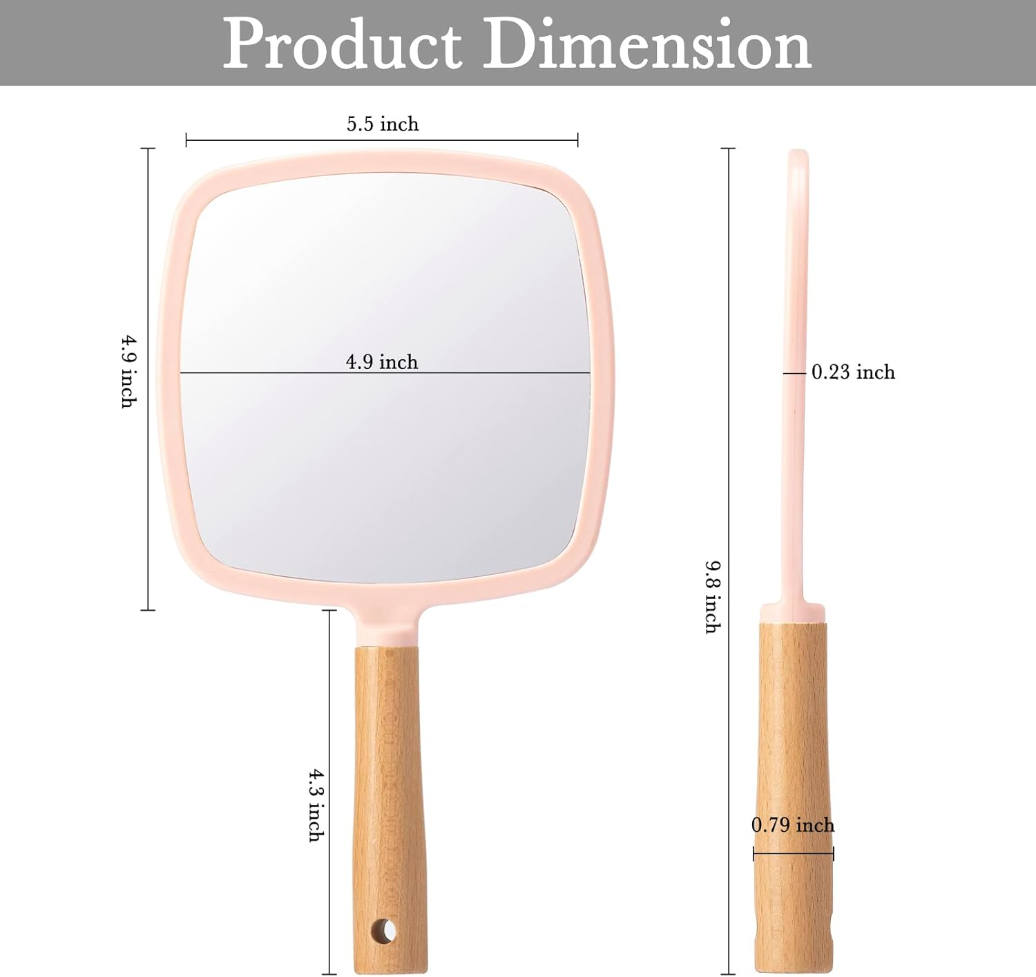 YEAKE Hand Held Mirror with Handle for Makeup,Small Cute Wood Hand Mirror for Shaving with Hole Hanging Single-Sided Portable Travel Vanity Mirror for Men&Women(Square,Pink,1Pack) image number 5