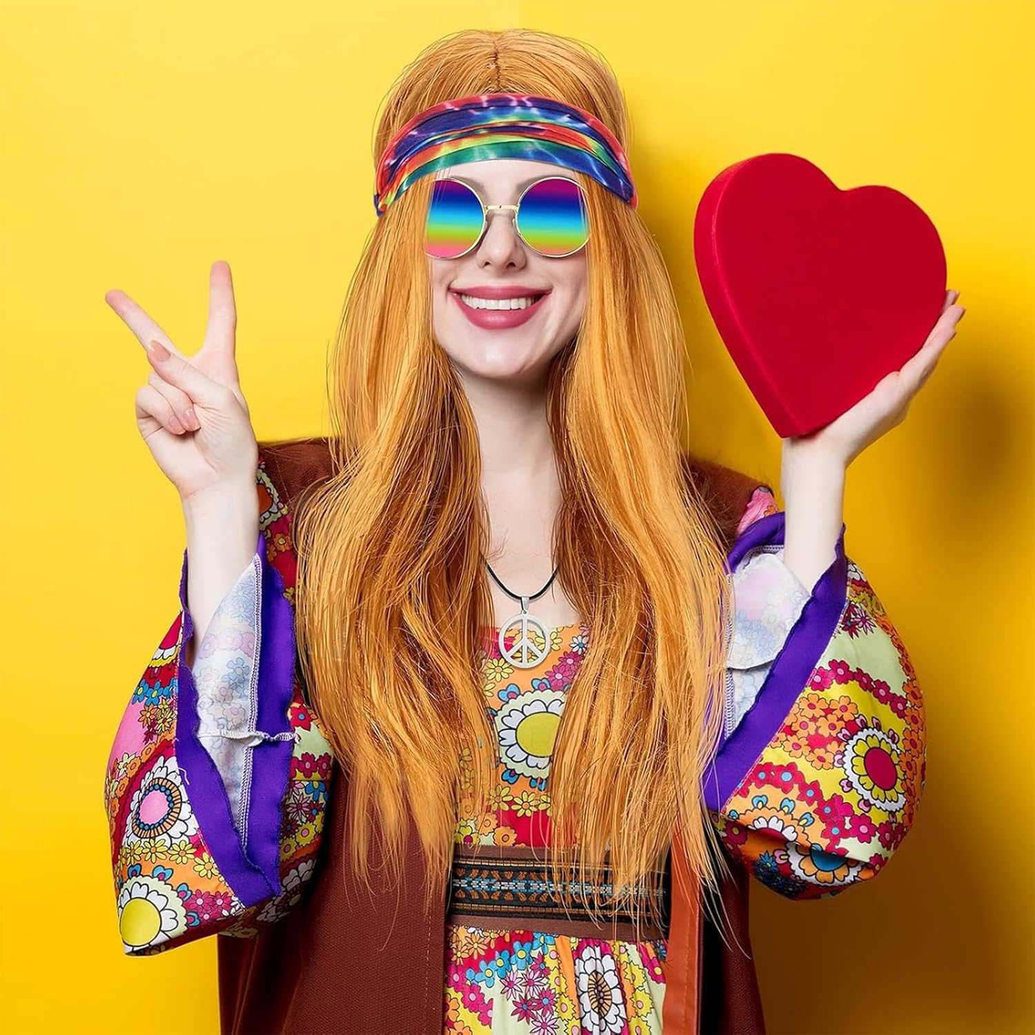 4 PCS Hippie Costume Set, Wig Sunglasses Peace Necklace Colorful Headband, Men'S 70S Disco Style Vintage Fancy Dress for Halloween Party 80S 90S Rock Party Accessories image number 5