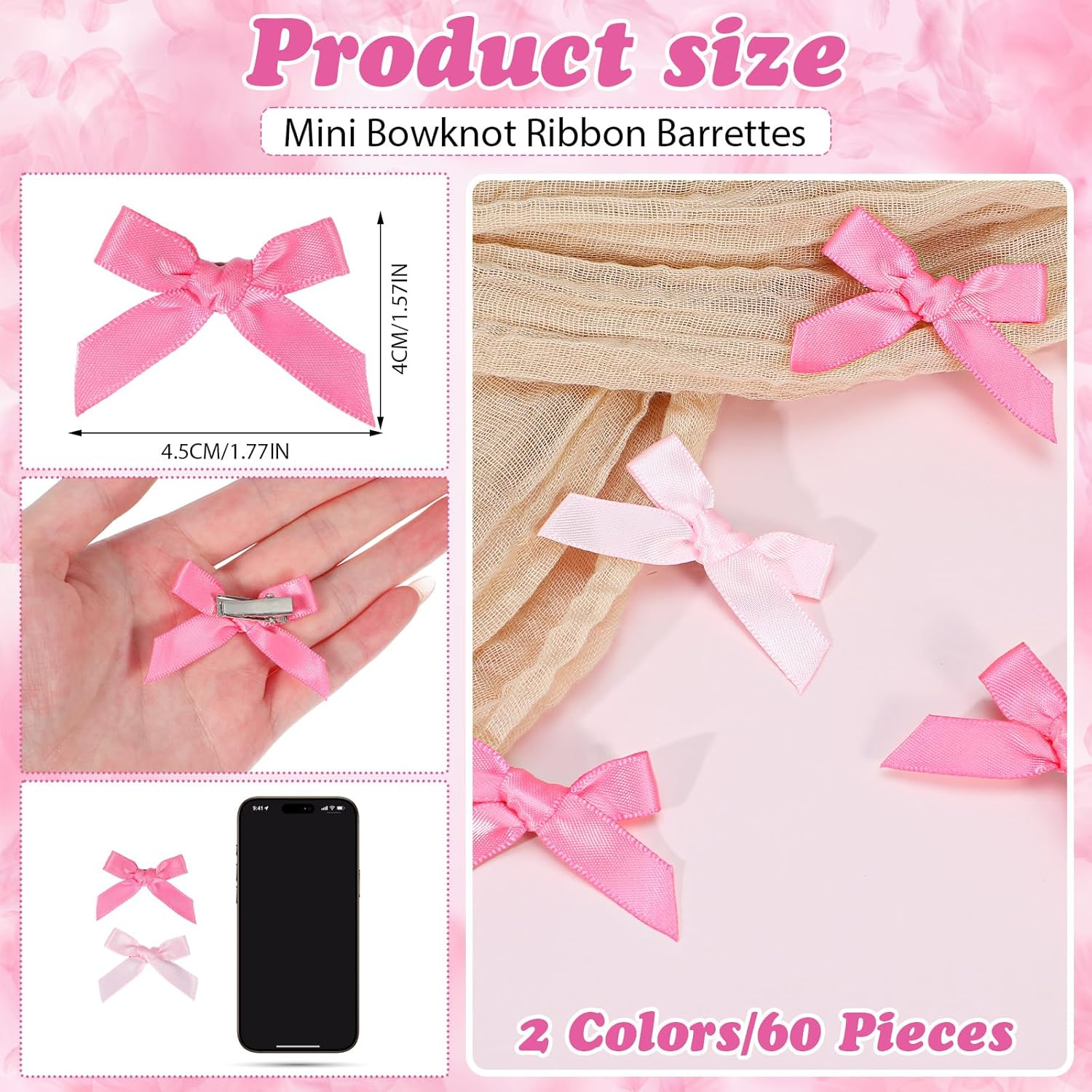 Classicseali Pack of 60 Mini Bows Hair Clips, Pink Ribbon with Clip, Pink Mini Bow Hairpin, Cute Bow Clips Accessories for DIY Styling Hair, Gifts, Bakery, Candy Bags image number 2