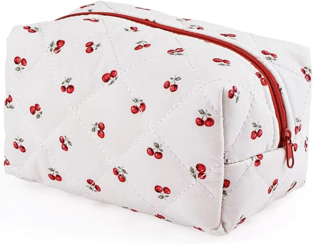 Floral Quilted Makeup Bag for Travel, Portable Cosmetic Organizer with Spacious Interior (Cherry, 17 * 12 * 9.5Cm) - Tisuff
