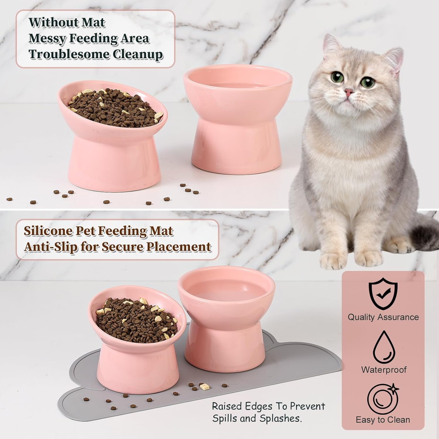 Cat Food Water Bowl Set - Raised Ceramic Cat Feeding Bowls with Non Slip Mat - Elevated Cat Dishes anti Vomiting - Extra Wide Large Cat Bowl Whisker Friendly - Microwave and Dishwasher Safe - 3 Pack image number 3