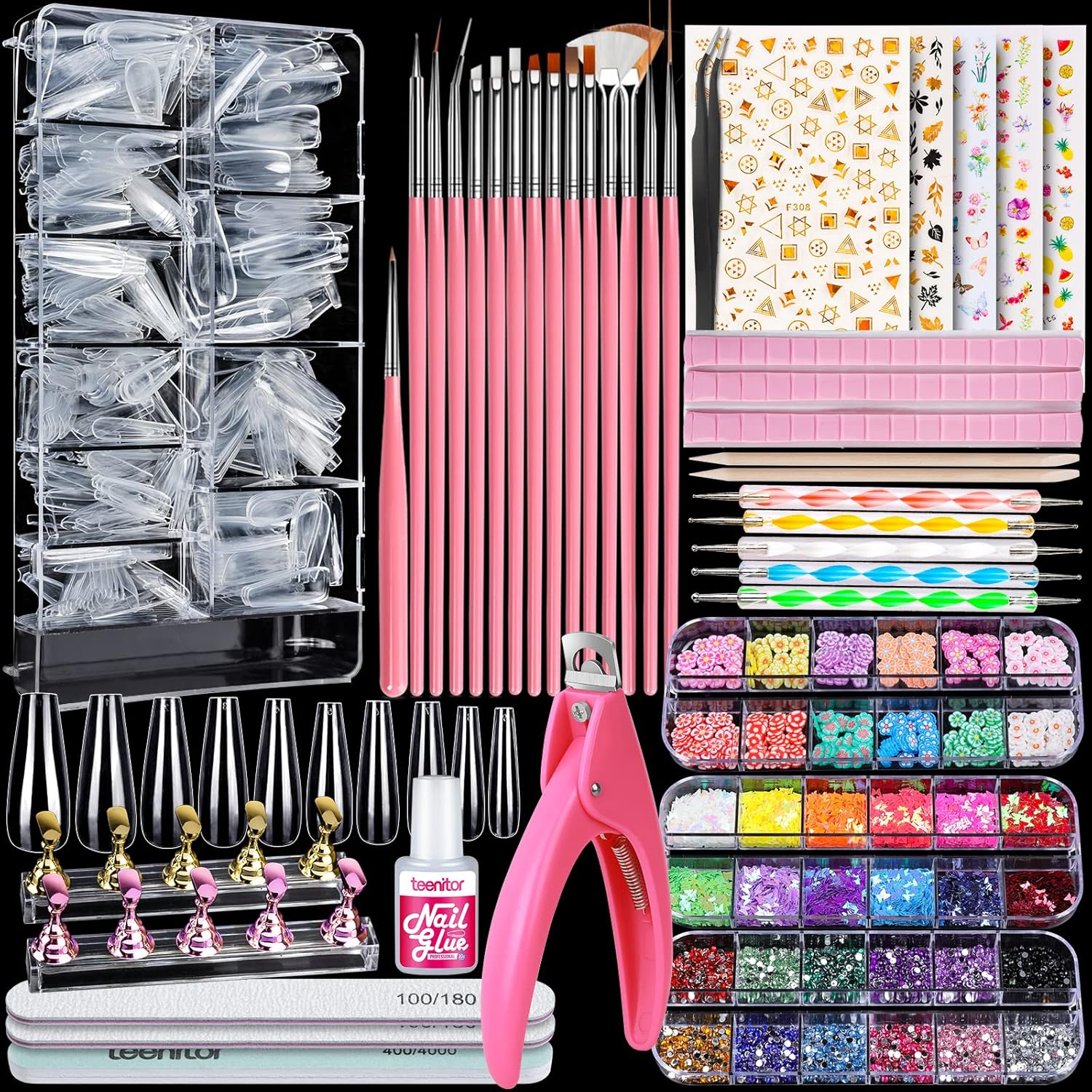 Acrylic Fake Nails Kit, Teenitor Press on Nail Supplies with Clear Coffin Tips Stand Art Brushes Dotting Pen Glitter Sequins Stickers Rhinestones Decorations Starter Kit 18 Counts image number 3