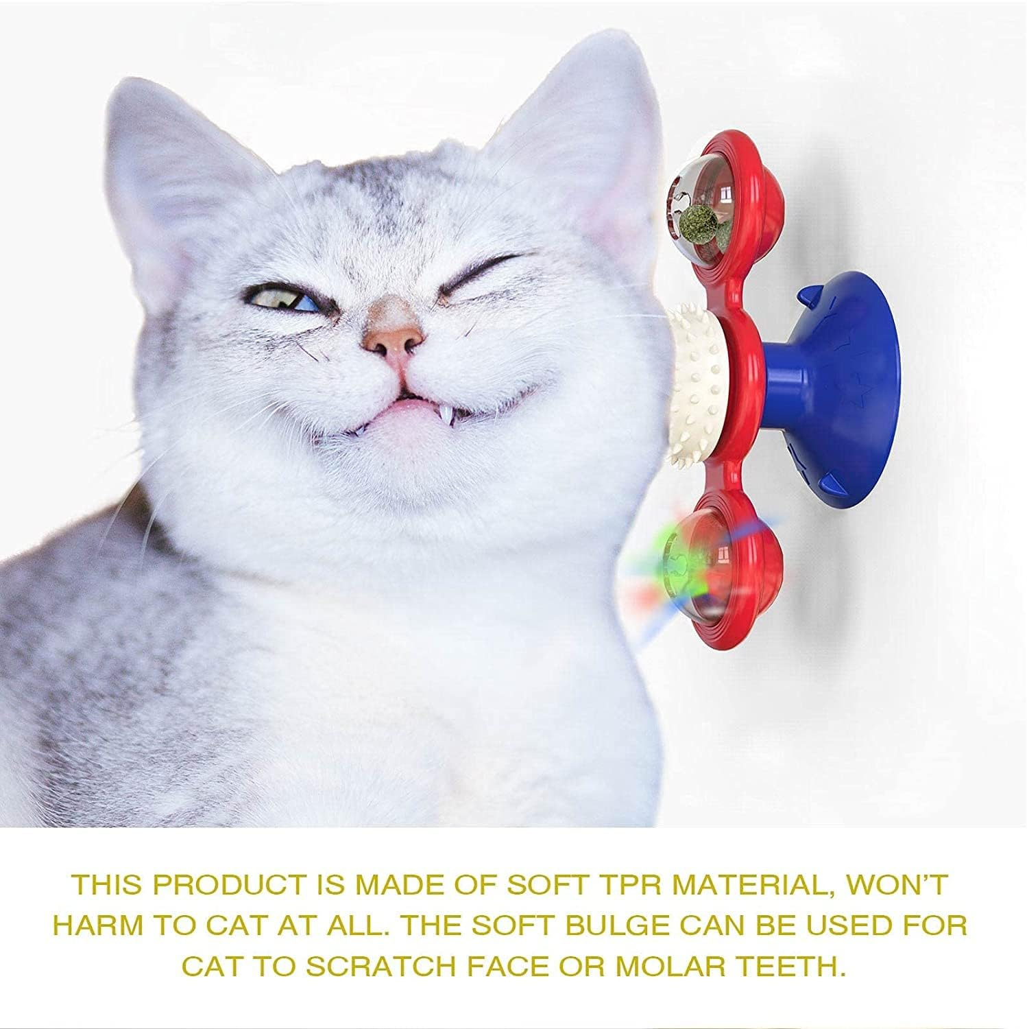 Windmill Cat Toy Cat Hair Rubbing Device Interactive Cat Rotating Toy Interactive Cat Rotating Toy with Suction Cup Kitten Turntable Massage Toy Indoor Cat (Blue+Red) image number 2