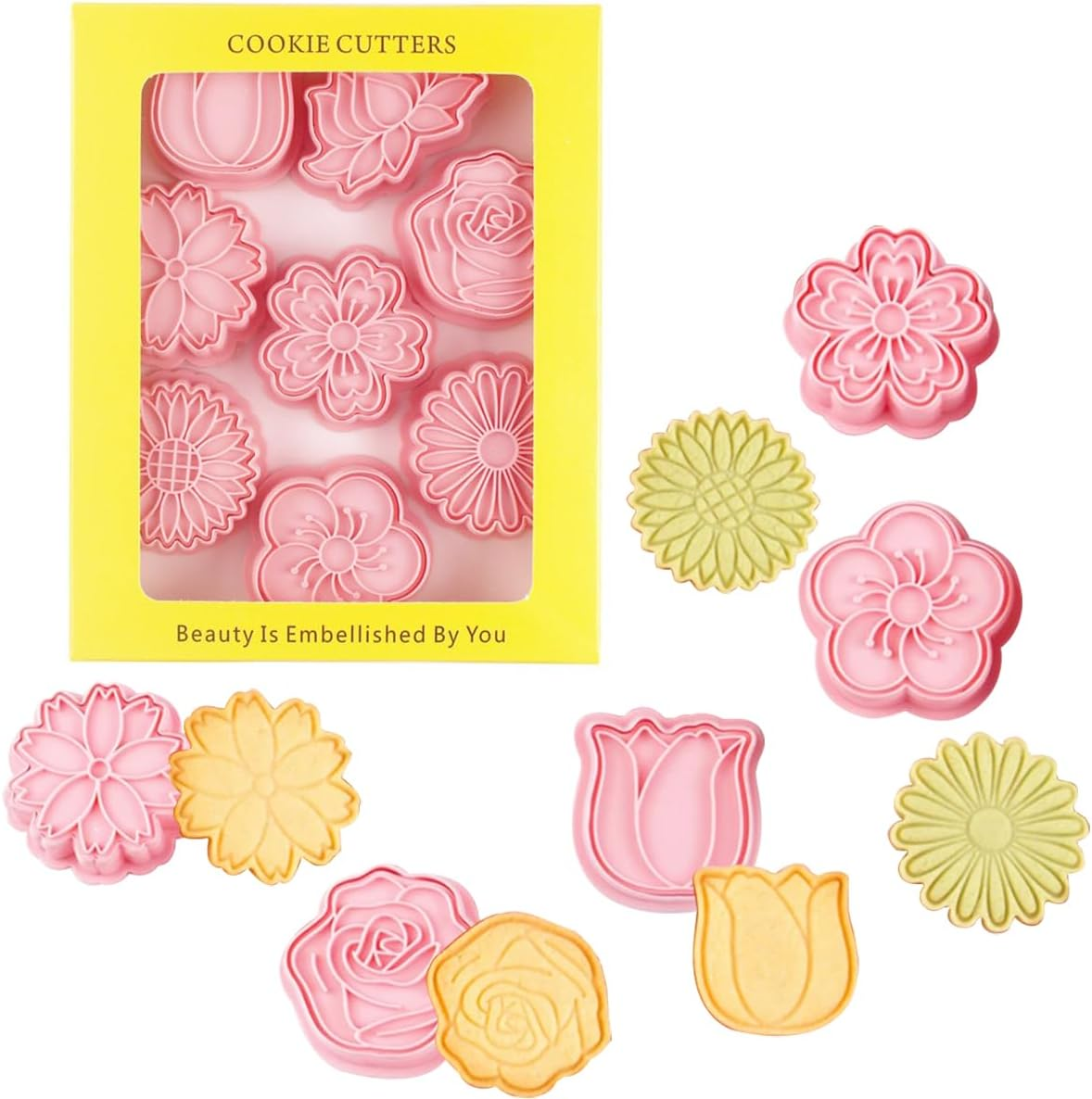 8PCS Flower Cookie Cutters with Plunger Stamps Set, Tulip Rose Daisy Cookie Plunger Stamps DIY Press Molds Birthday Party Baking Supplies Clay Biscuit Molds image number 4