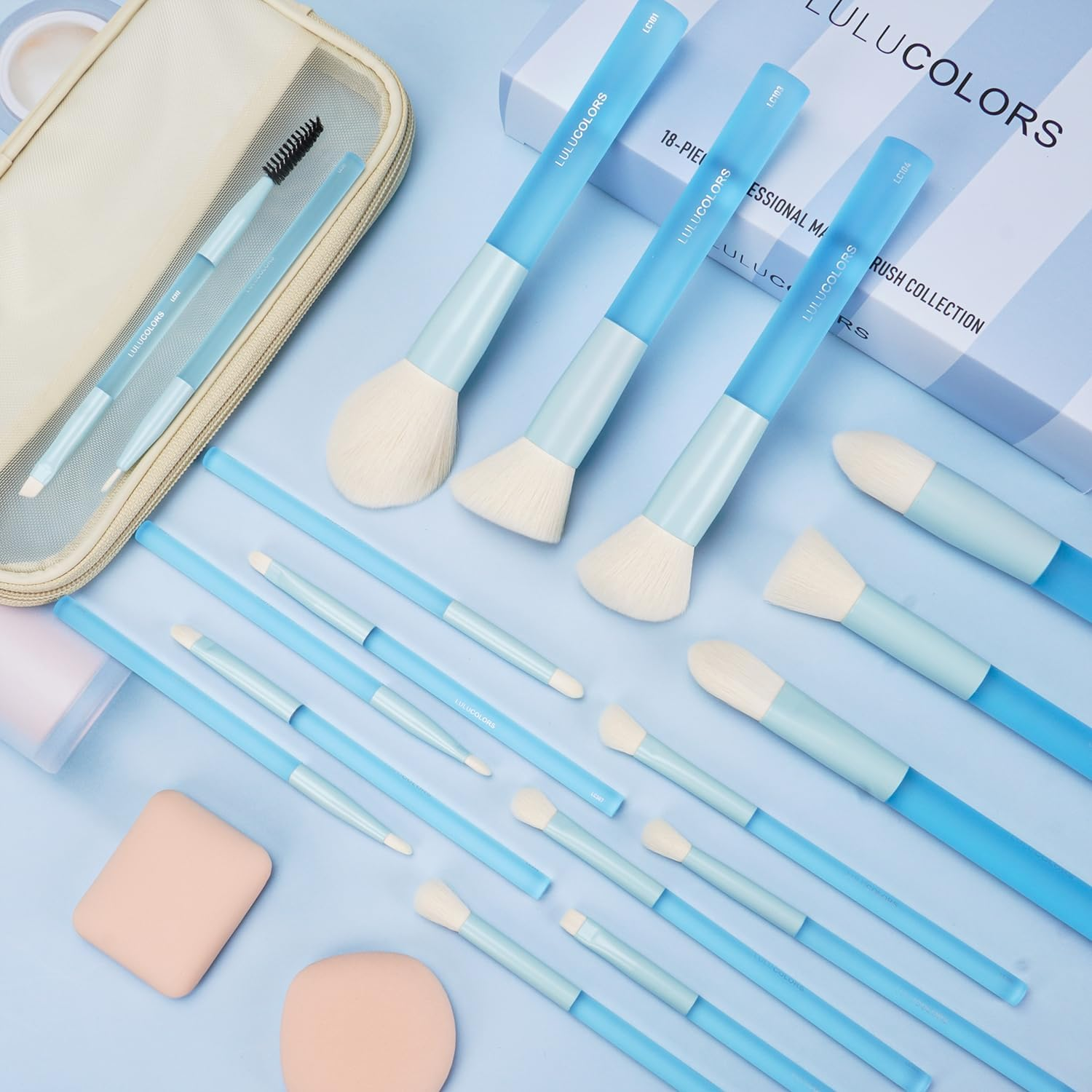 LULUCOLORS 18-Piece Light Blue Professional Makeup Brush Set &ndash; Translucent Rubberized Handles, Soft Synthetic Bristles for Face & Eye Makeup &ndash; Includes Travel Bag & Sponges,Complete Brush Collection - 18 Pcs Multicolor image number 3