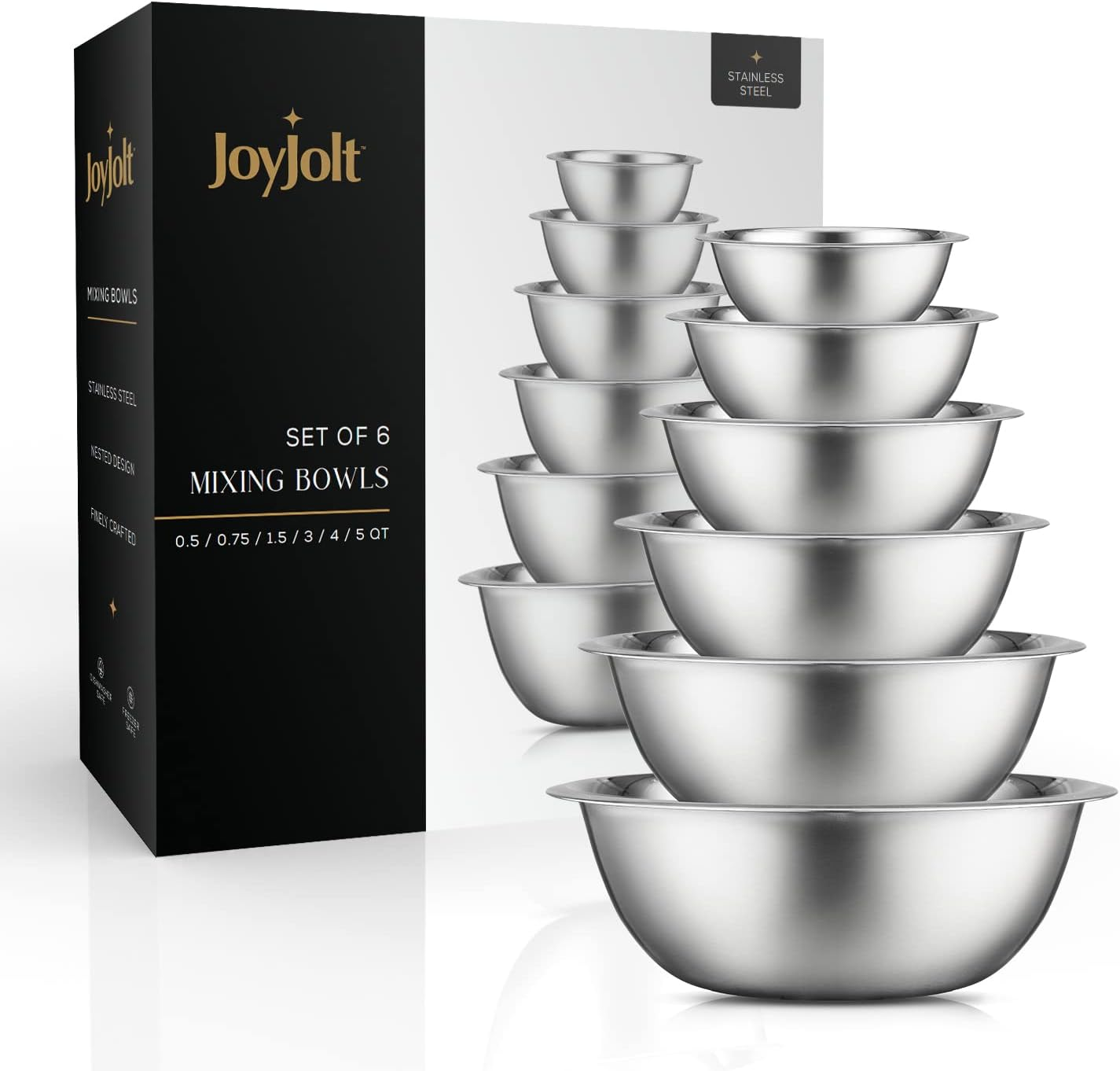 Joyjolt Stainless Steel Mixing Bowl Set of 6 Mixing Bowls (Black). 5Qt Large Mixing Bowl to 0.5Qt Small Metal Bowl. Kitchen, Cooking and Storage Nesting Bowls. Dough, Batter and Baking Bowls image number 4