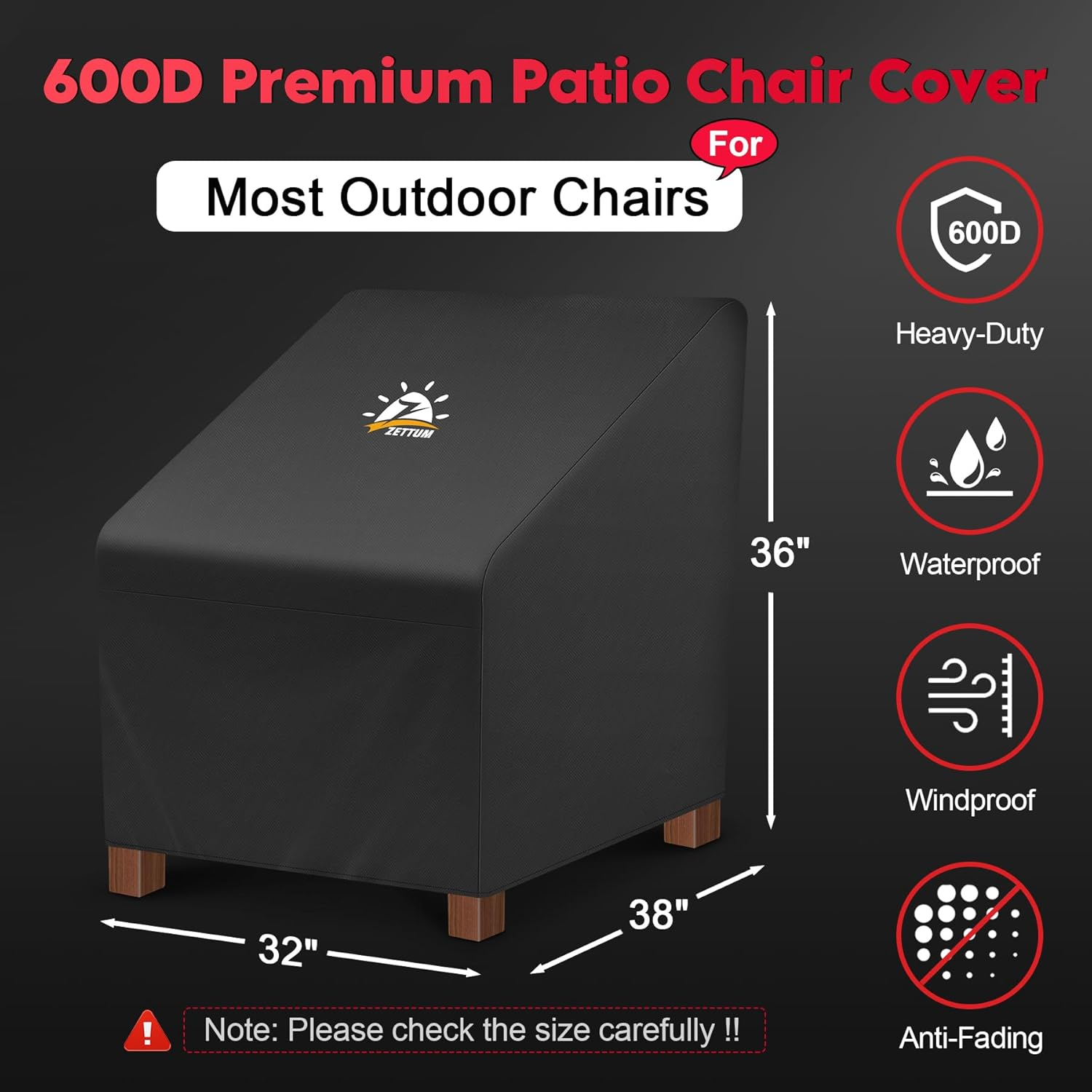 Zettum Patio Chair Covers 2 Pack - 600D Outdoor Chair Cover Waterproof & Heavy Duty, Lawn Lounge Furniture Cover for Wicker Chair, Swivel Chair, Rocking Chair, Single Sofa Chair - 32 X 38 X 36 Inch image number 3