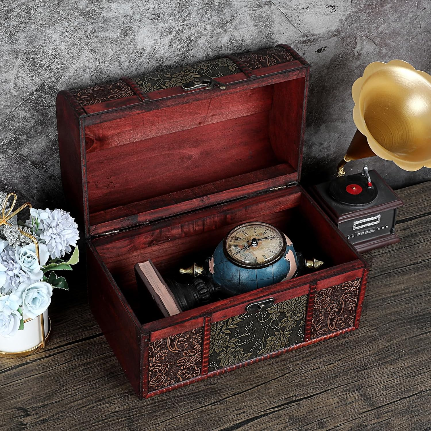 ELLDOO Vintage Treasure Chest Box, Pirate Keepsakes Box for Kids Gifts, Wooden Treasure Storage Box Decorative Box for Jewelry Pearl Trinkets, X-Large image number 3