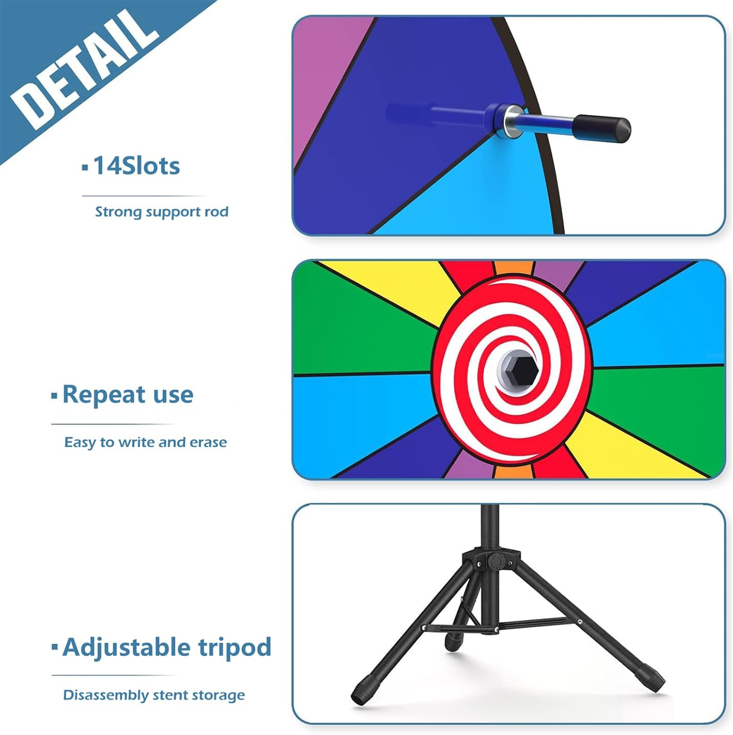 46CM Spinning Prize Wheel - 14 Slots Color Roulette Spinner with Adjustable Folding Tripod Floor Stand. Includes Marker and Eraser.Play Fortune Spin Game at Trade Show, Carnival. image number 4