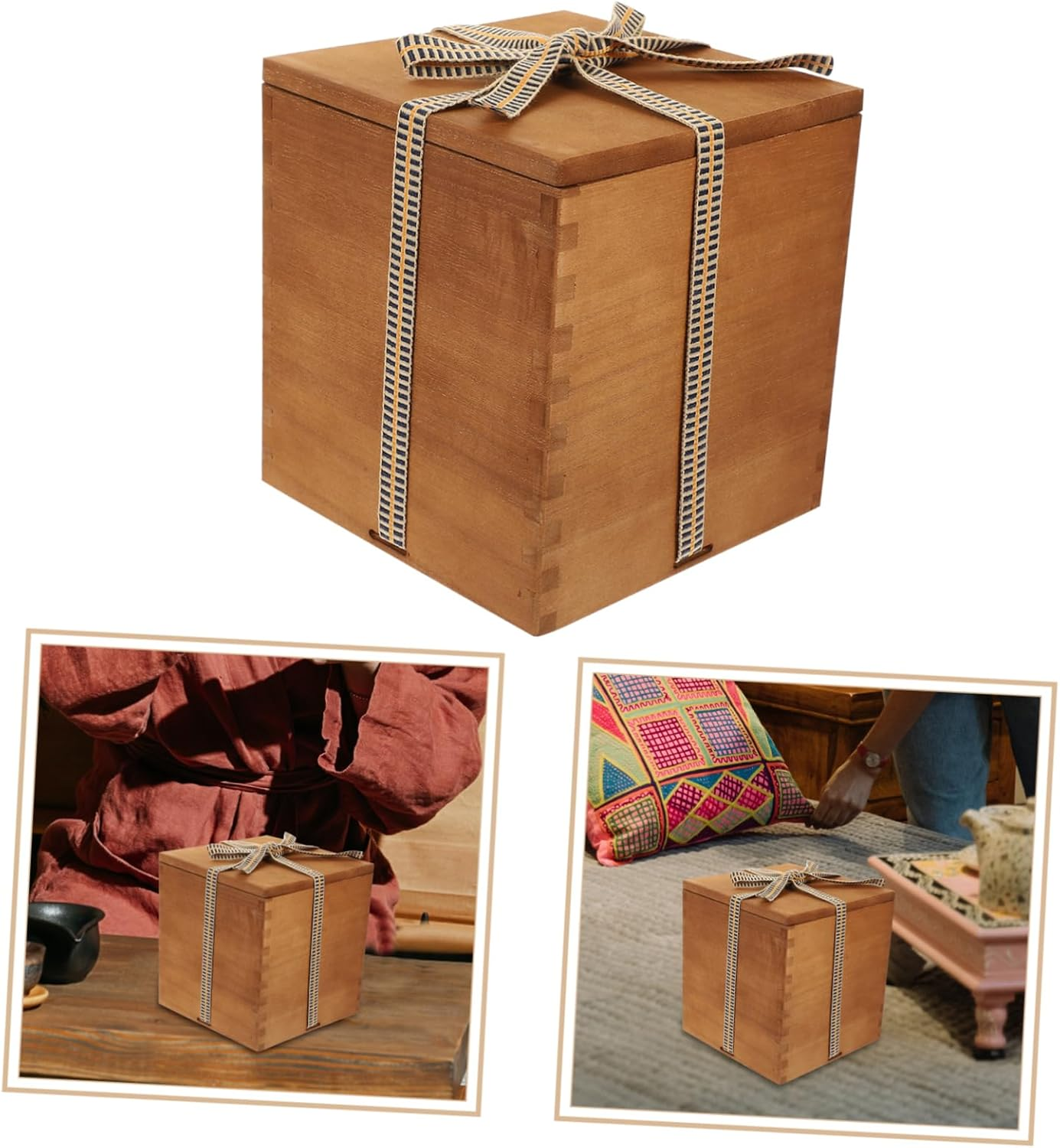 Vintage Ceramic Teacup and Vase Multi-Function Retro Wooden Storage Box Packaging Suitable for Wedding and Home Display in Square Design image number 2