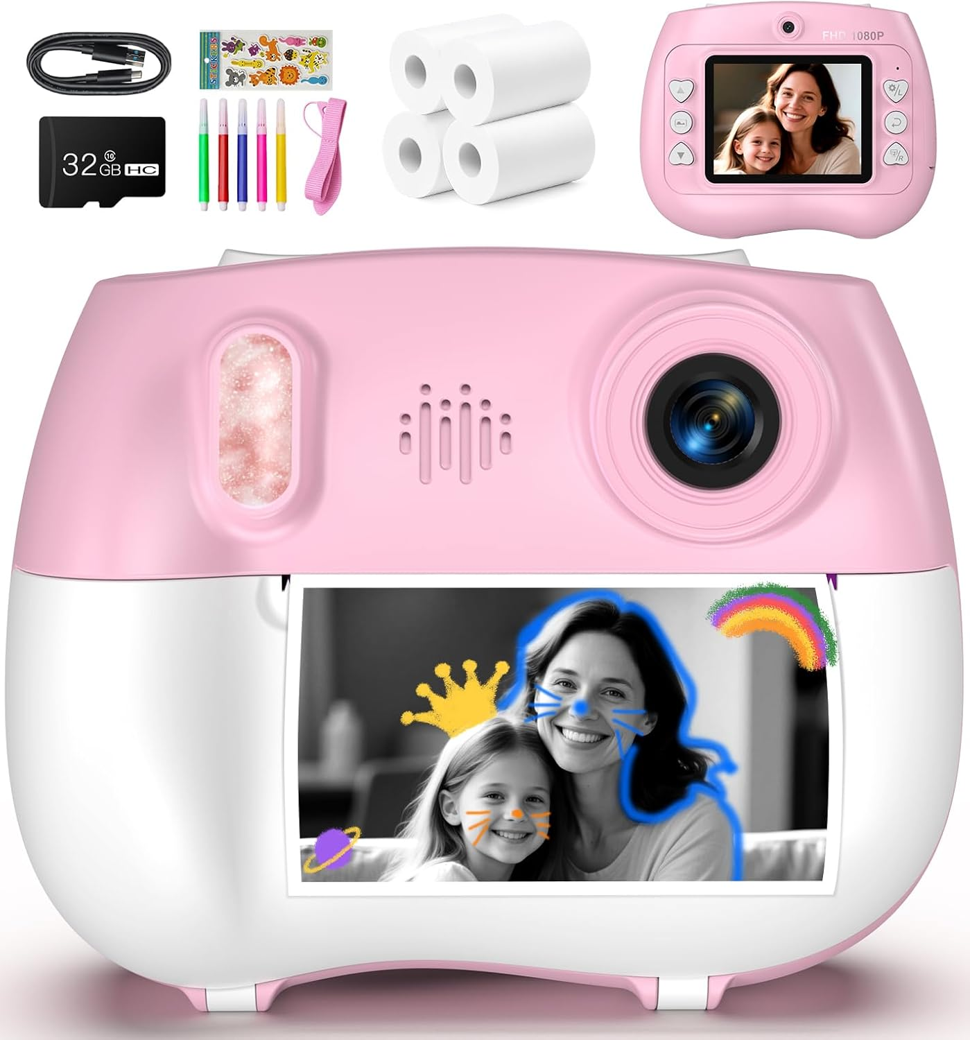 Kids Camera Instant Print - Front Rear Dual Selfie Kid Camera, Fun Girls Boys Ages 3-12, 1080P HD Digital Video Cameras, Christmas, Birthday Present for Toddler 3 4 5 6 7 8 9 10 Year Old